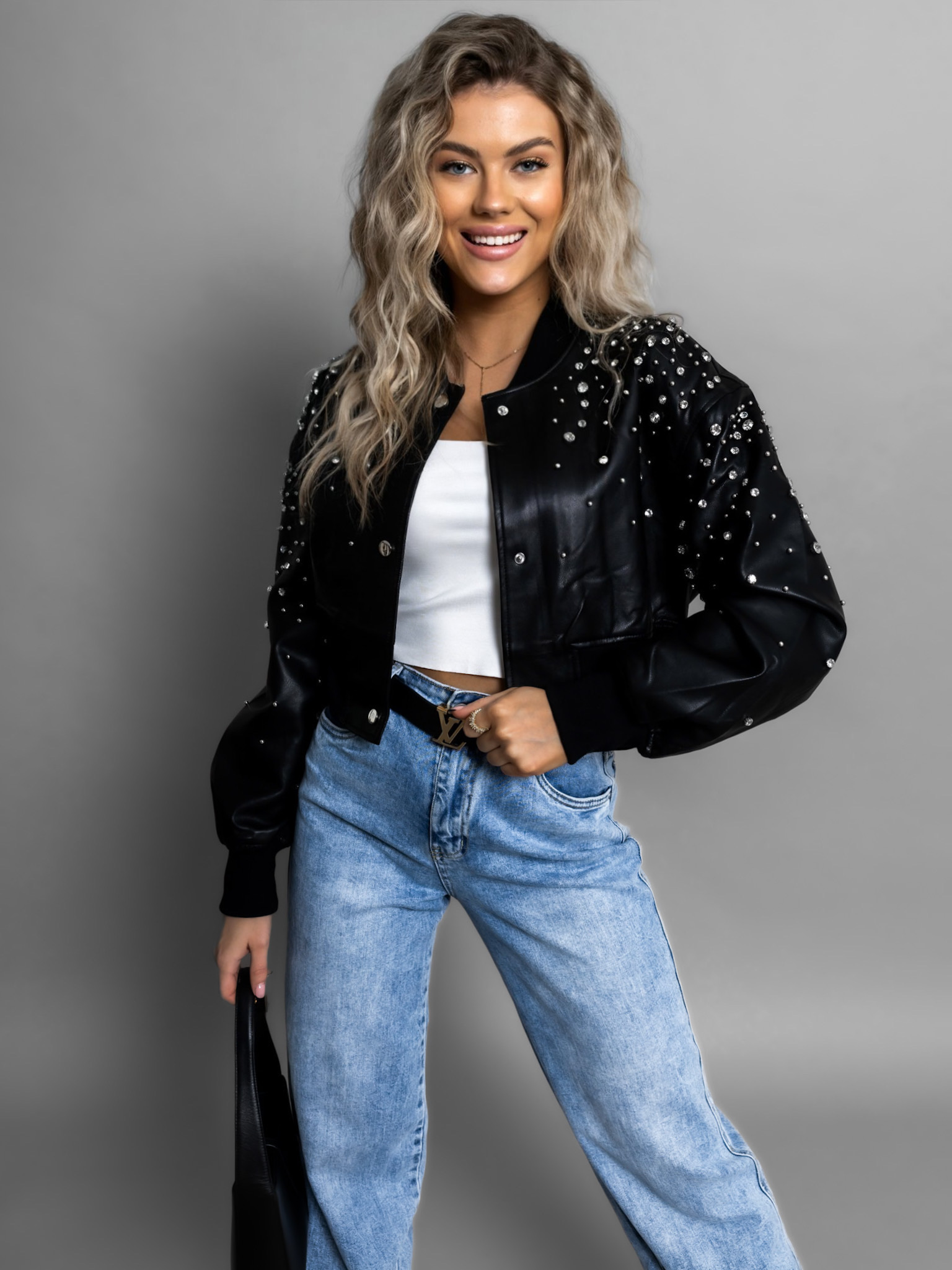 Čierny koženkový bomber CREEDE s kamienkami Veľkosť: S