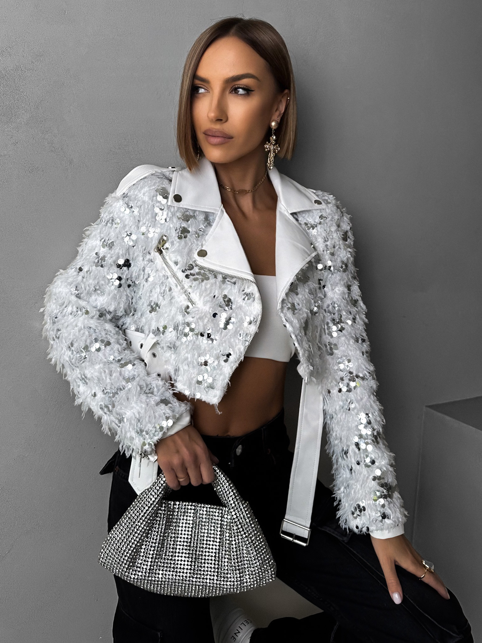 E-shop Biela biker bunda ORIMAT s flitrami