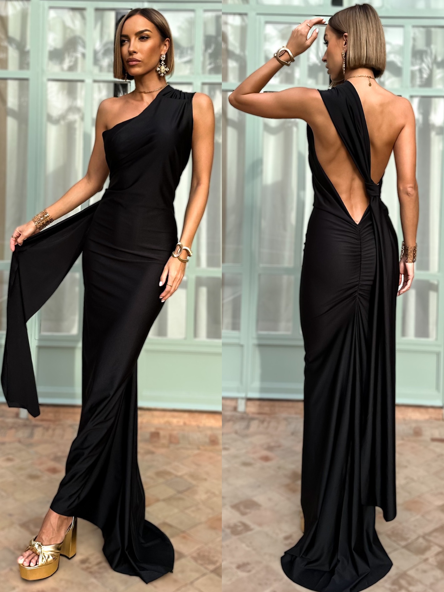 Čierne večerné dlhé šaty TEREUSU s odhaleným chrbtom Veľkosť: ONESIZE