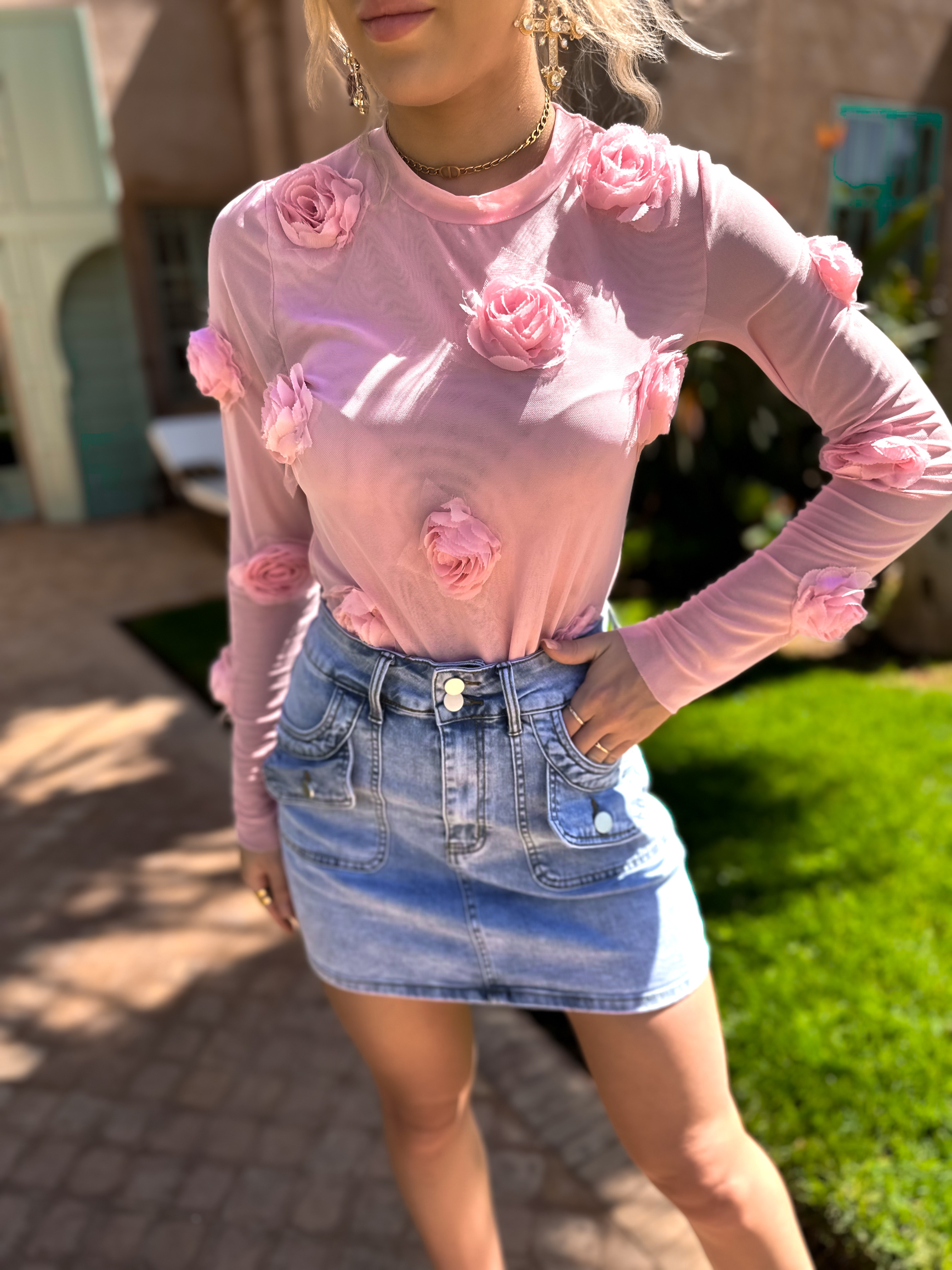 Ružové kvetinové tričko ILLAI s dlhým rukávom Veľkosť: S/M