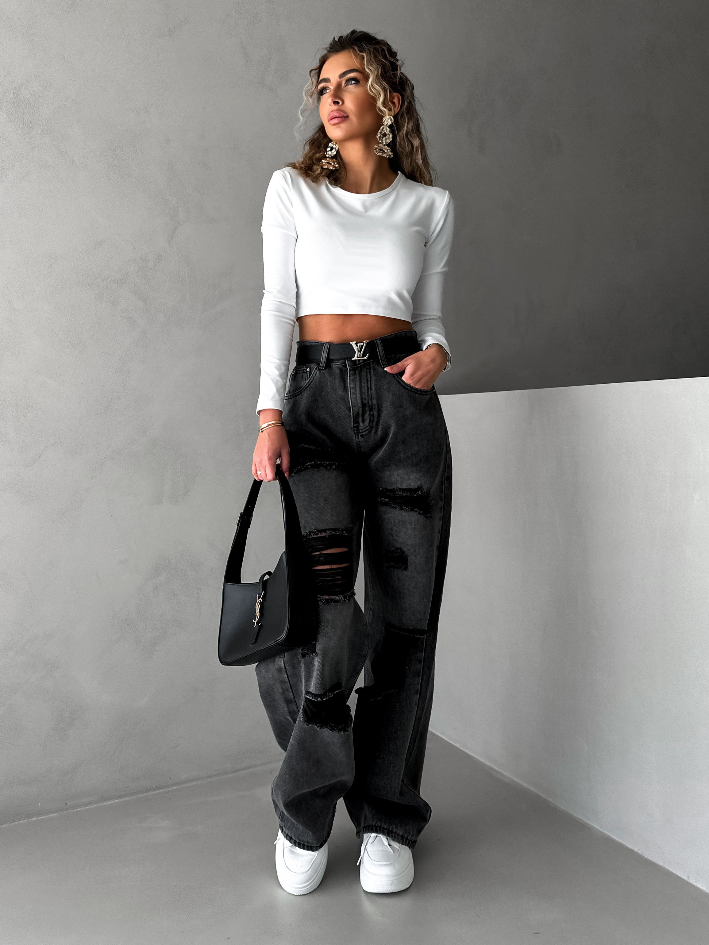 Čierne wide leg široké roztrhané džínsy FAUTEL Veľkosť: S