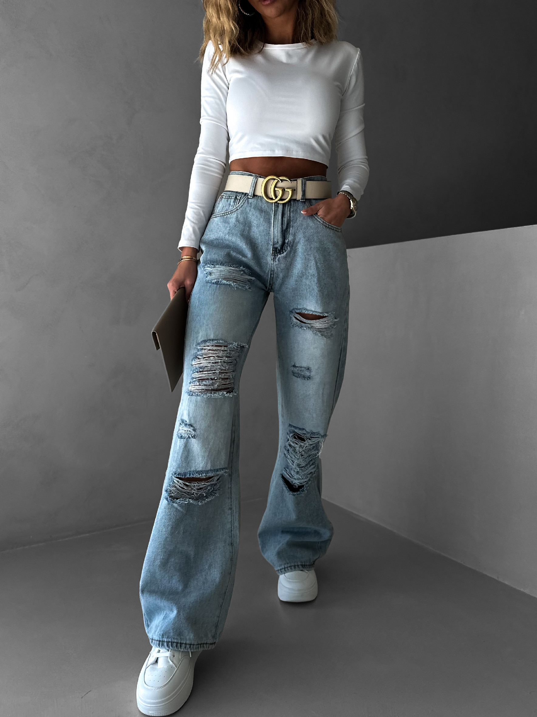 Svetlé wide leg široké roztrhané džínsy FAUTEL Veľkosť: S