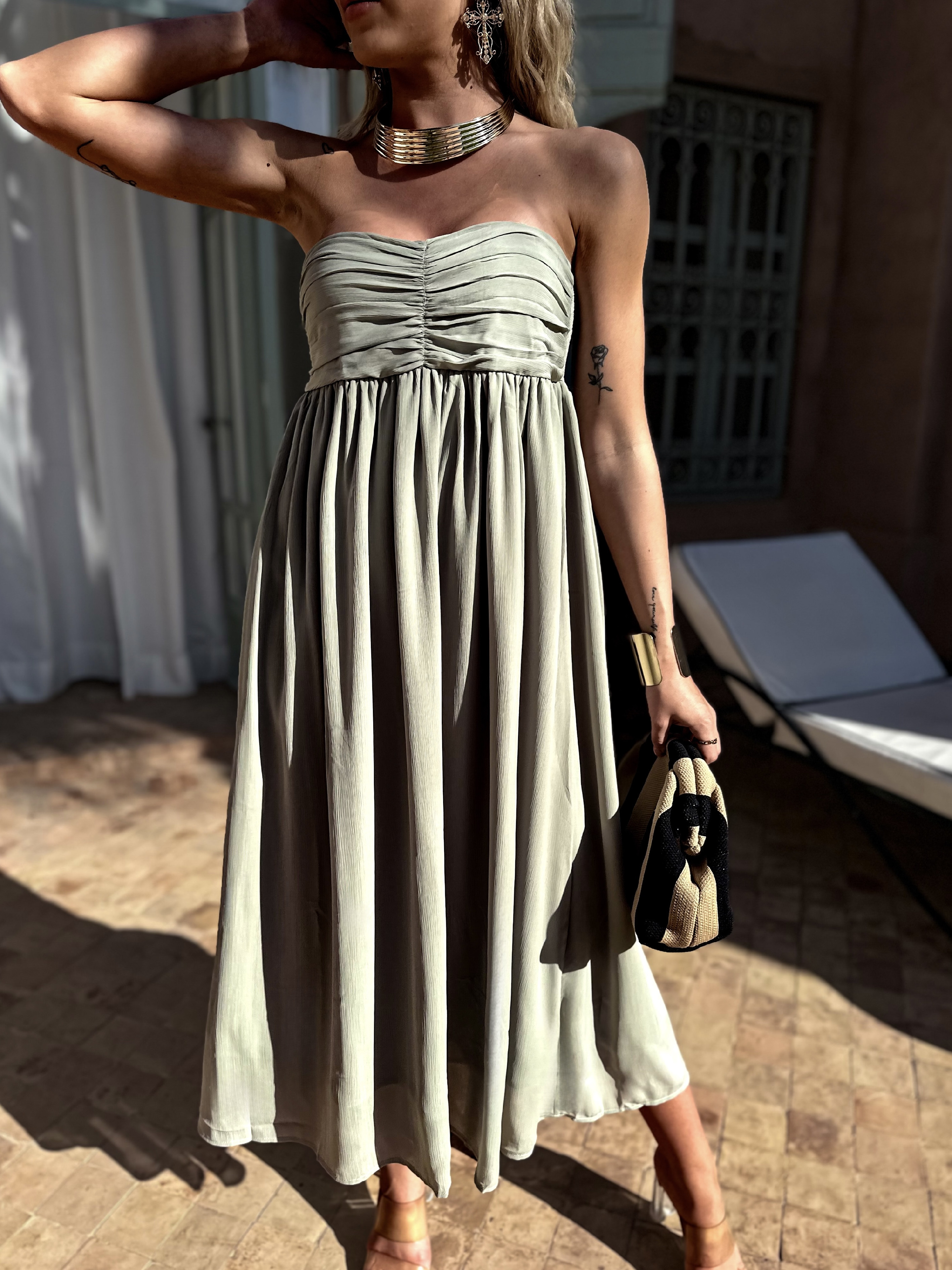 Zelené áčkové boho šaty AUTEREL bez ramienok Veľkosť: ONESIZE