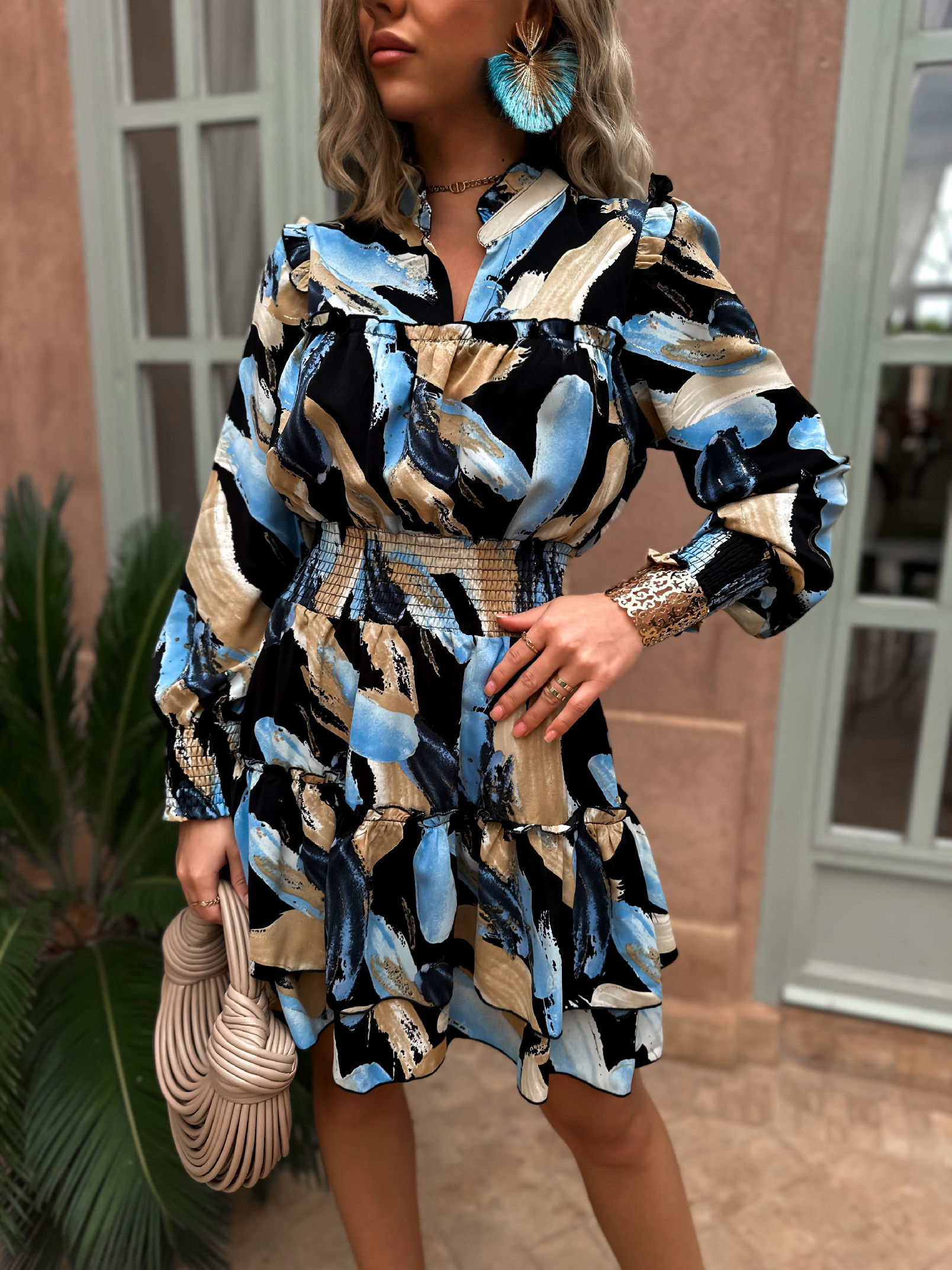 Modré krátke košeľové šaty HOLGER s volánikmi Veľkosť: L