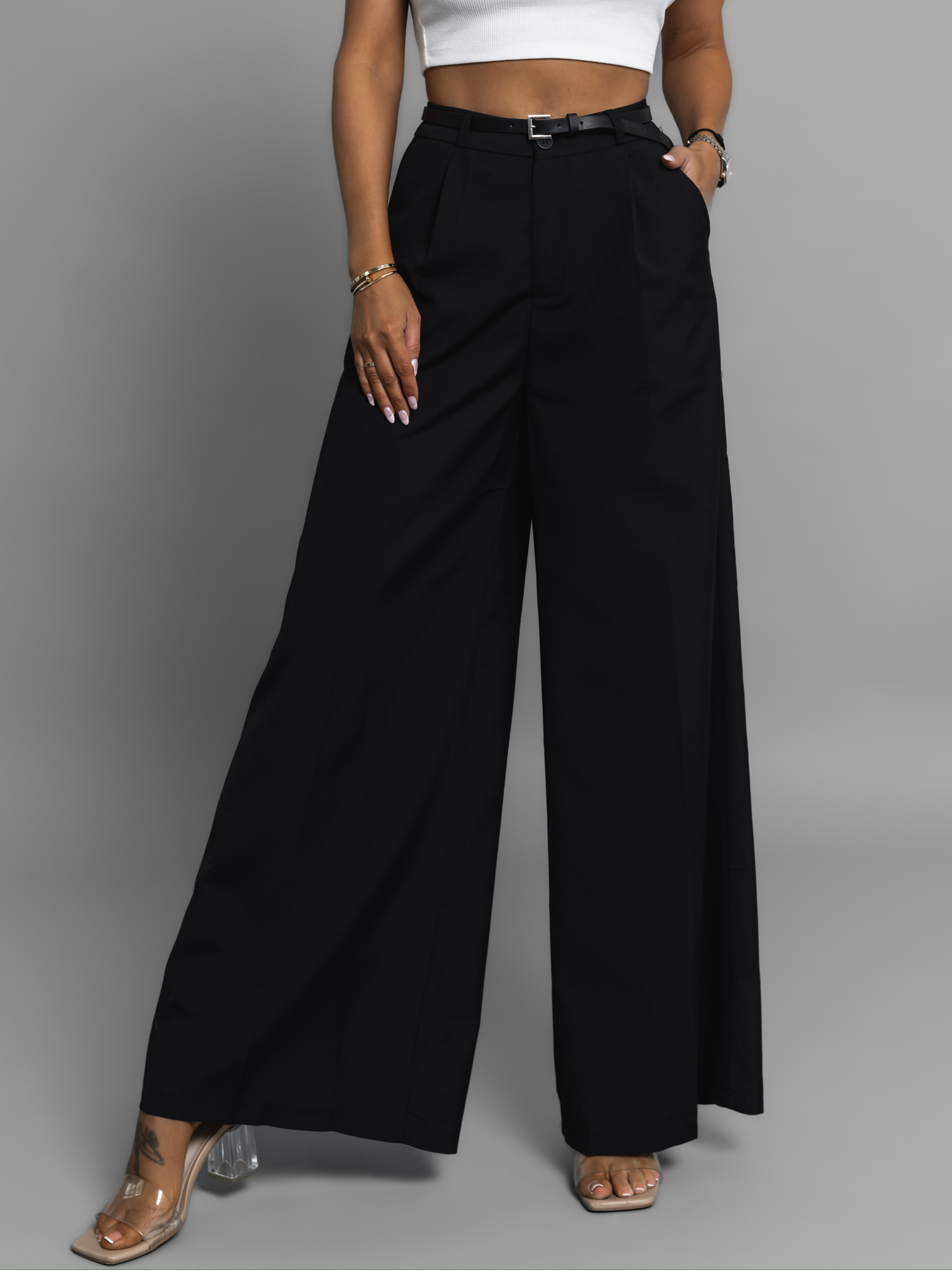 Čierne spoločenské široké nohavice BERGAMOT s opaskom Veľkosť: S