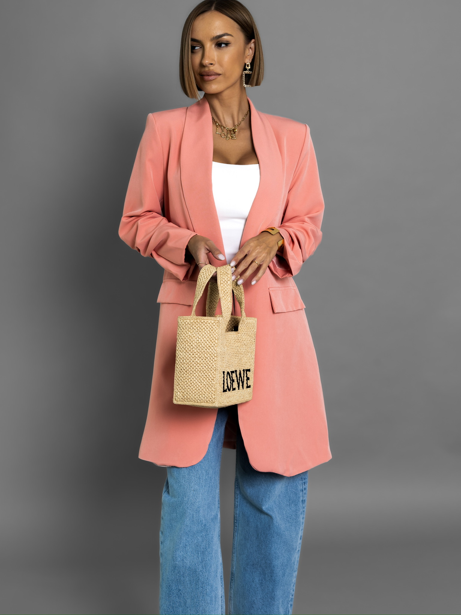 Lososové dlhé sako CASTIEL otvoreného štýlu Veľkosť: ONESIZE