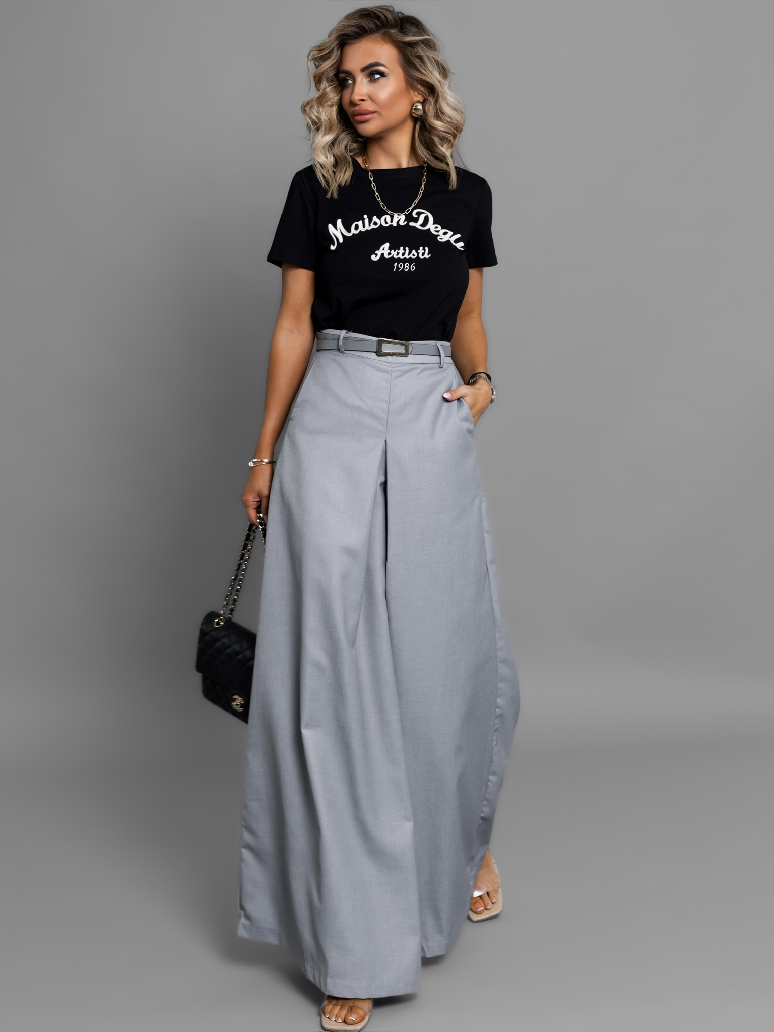 Šedé elegantné široké nohavice CATERINA s opaskom Veľkosť: M