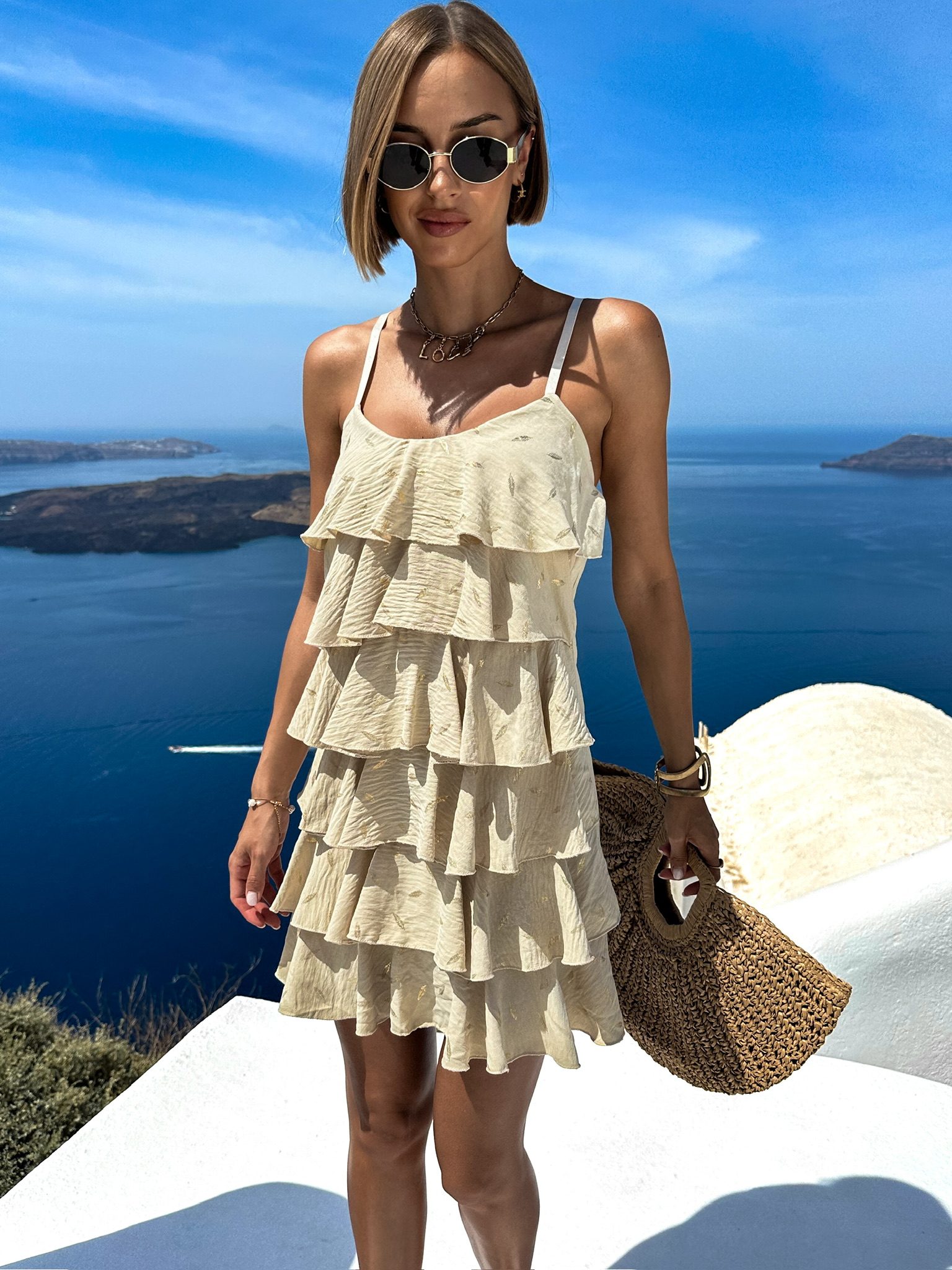 Béžové letné šaty KOSTAS s volánikmi Veľkosť: ONESIZE