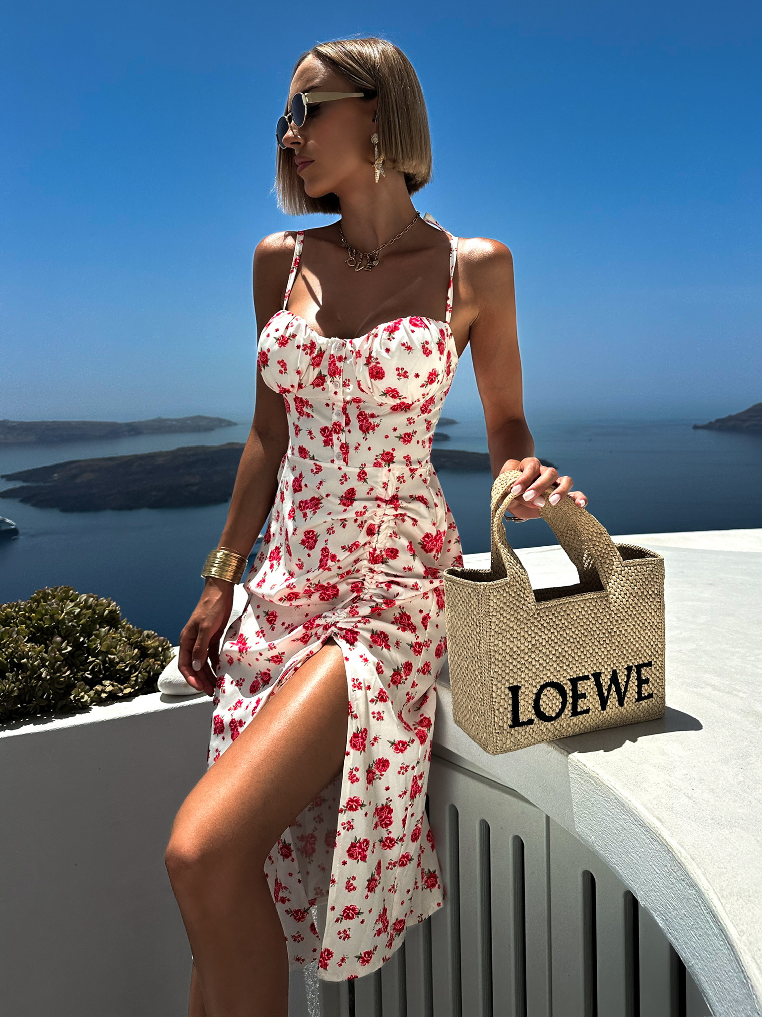 Krémové kvetinové midi šaty MILENKO s rázporkom Veľkosť: ONESIZE