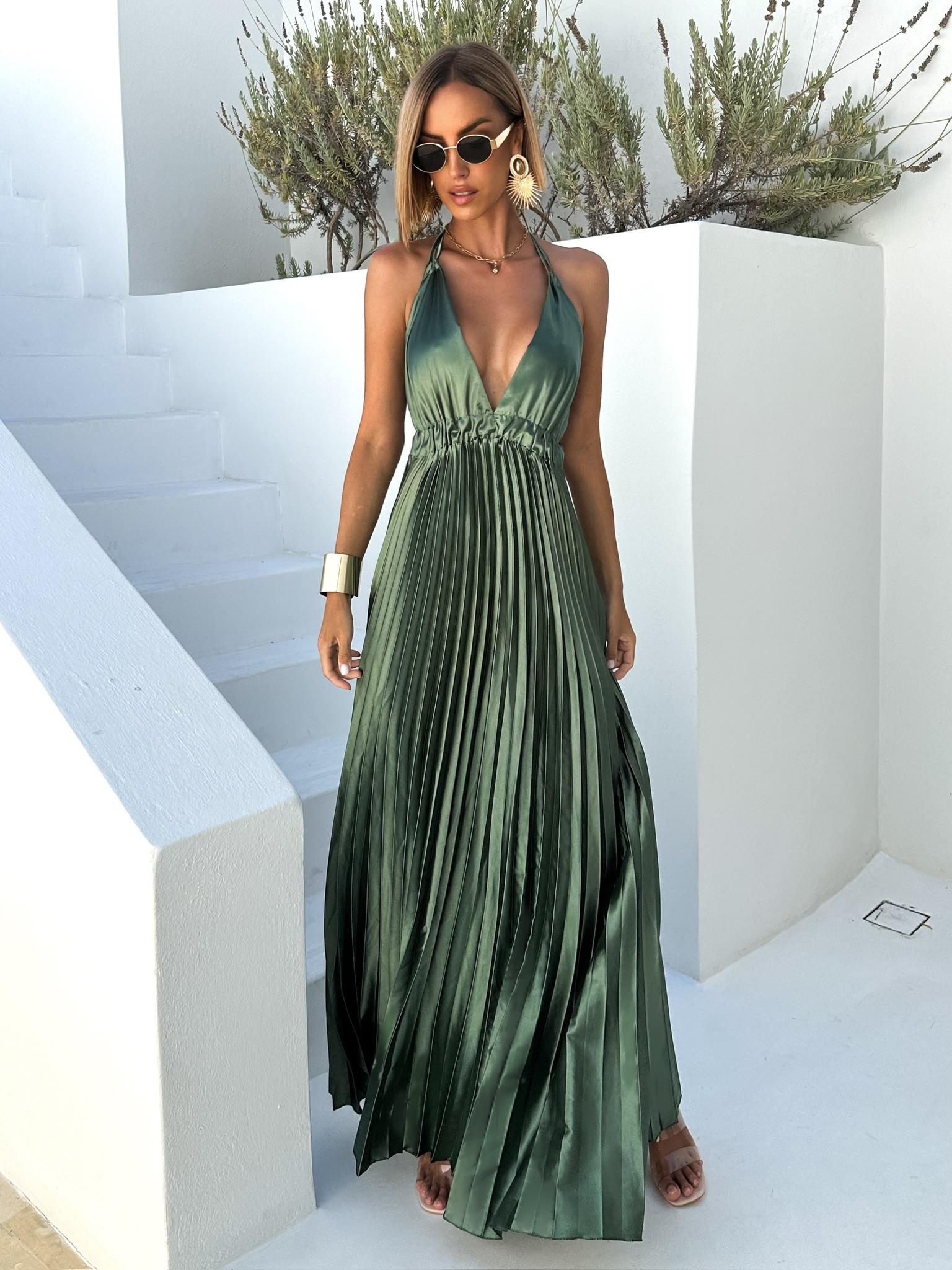 Kaki elegantné plisované šaty SVITLAN Veľkosť: ONESIZE