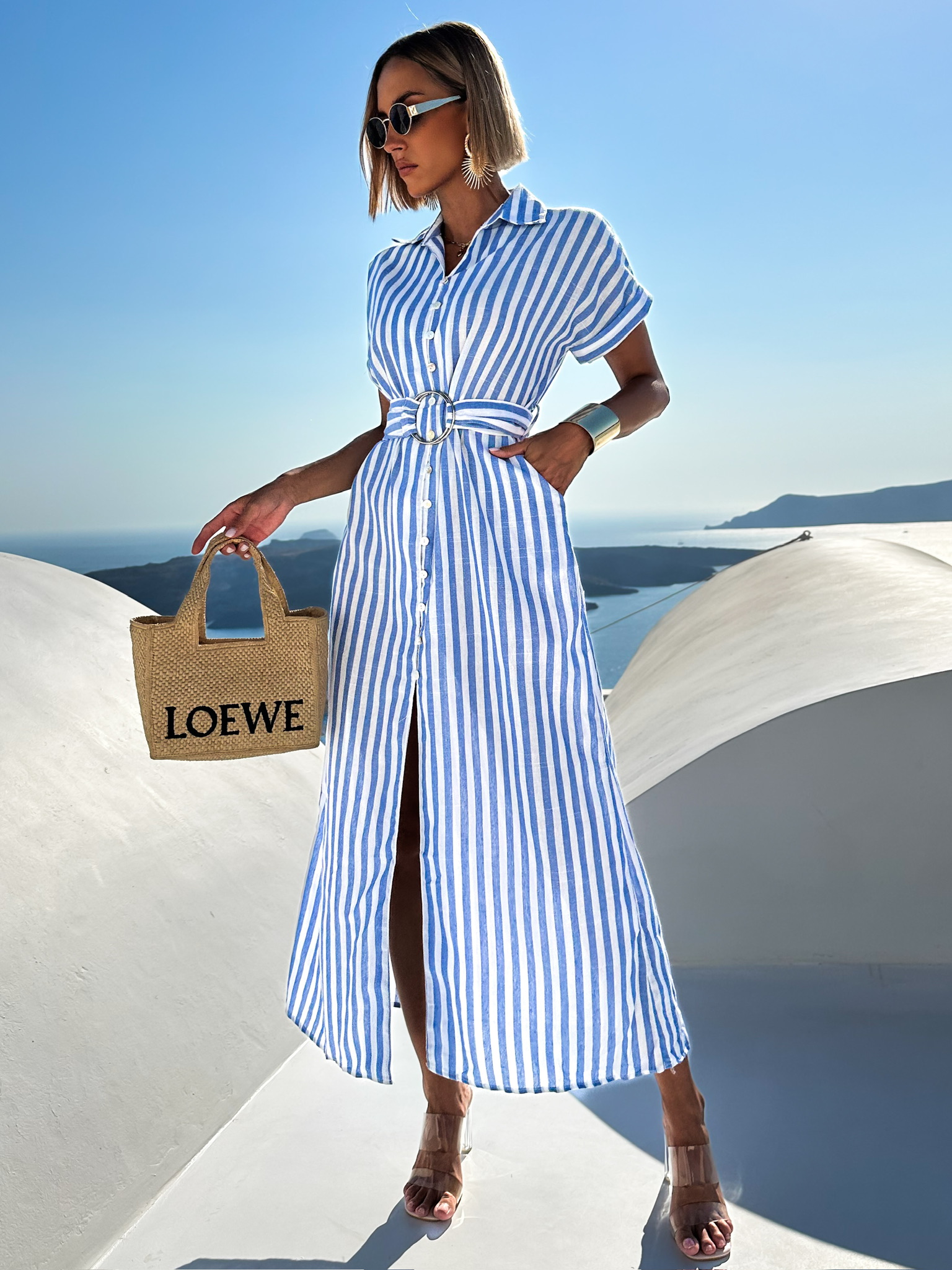 Modrobiele pruhované košeľové šaty TELICOR s opaskom Veľkosť: M/L