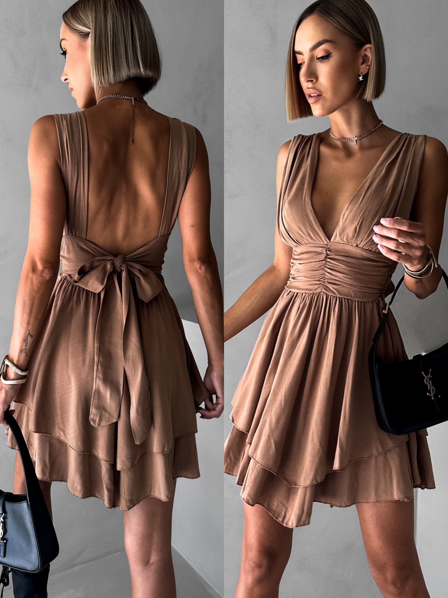 Hnedé vzdušné šaty ORYNA s holým chrbtom Veľkosť: ONESIZE