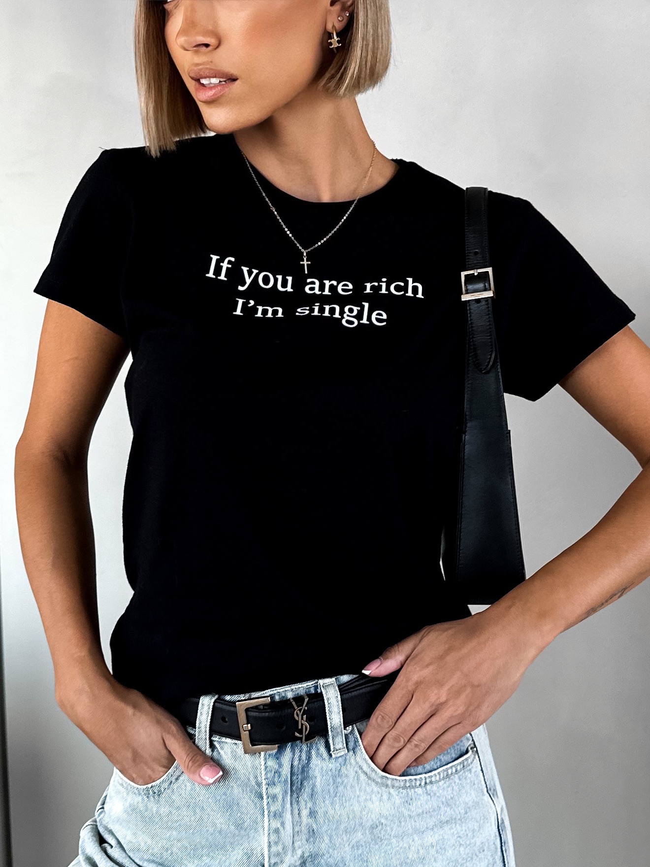 Čierne bavlnené tričko RICHENZA If you are rich I'm single Veľkosť: ONESIZE
