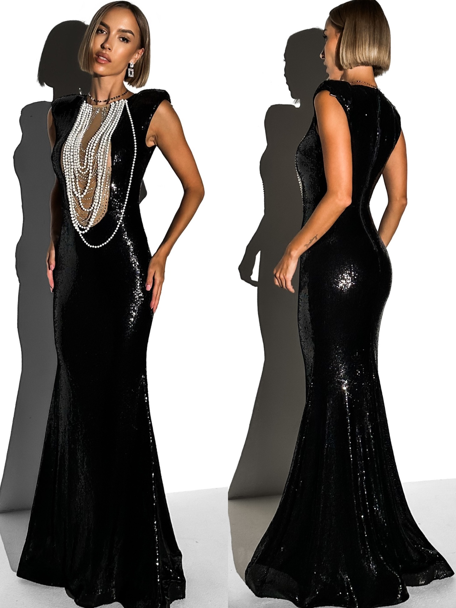 Čierne trblietavé plesové šaty KENTAR s perlami Veľkosť: S