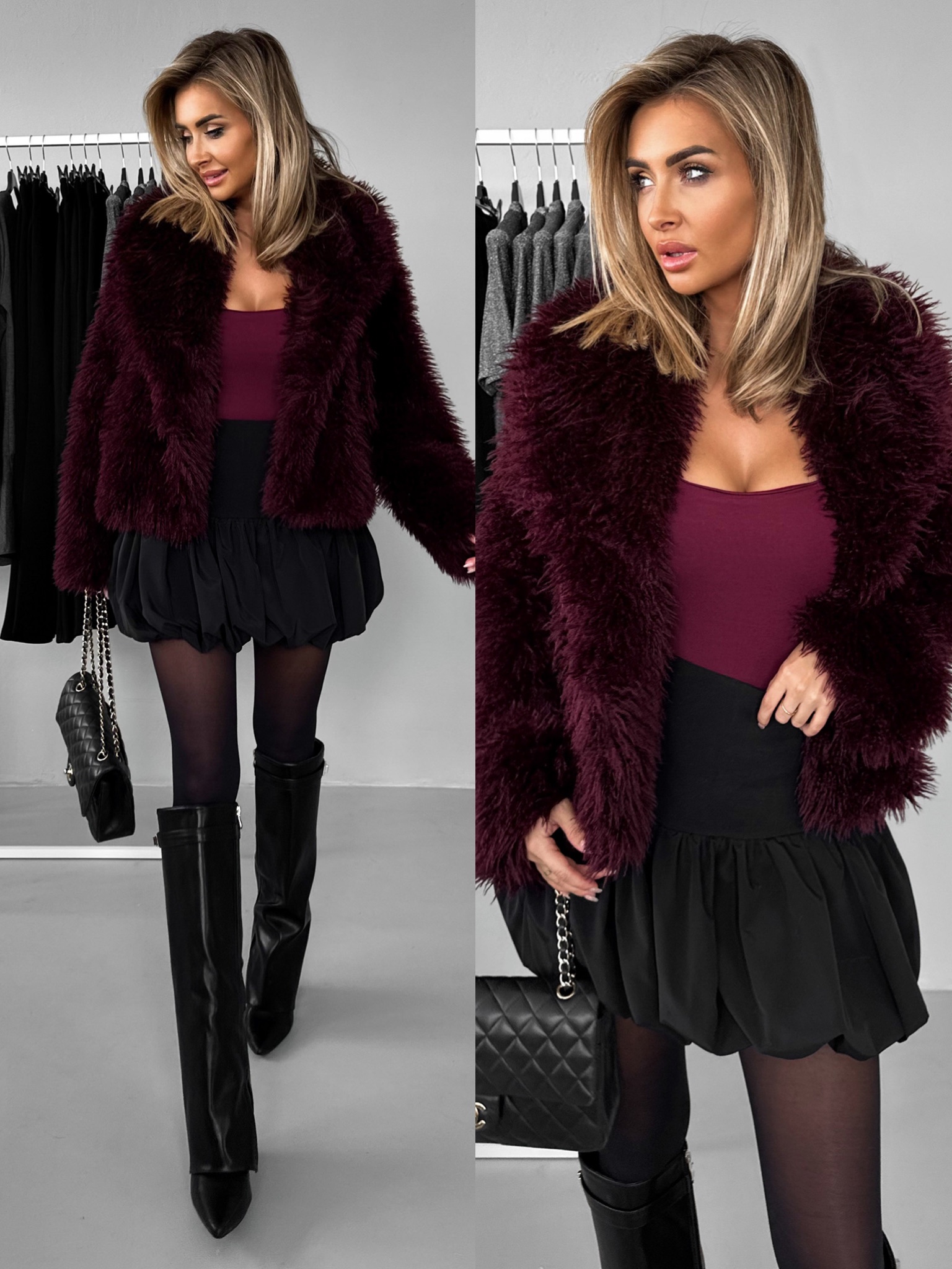 Bordó kožušinový faux fur krátky kabátik VOLORYN Veľkosť: S/M