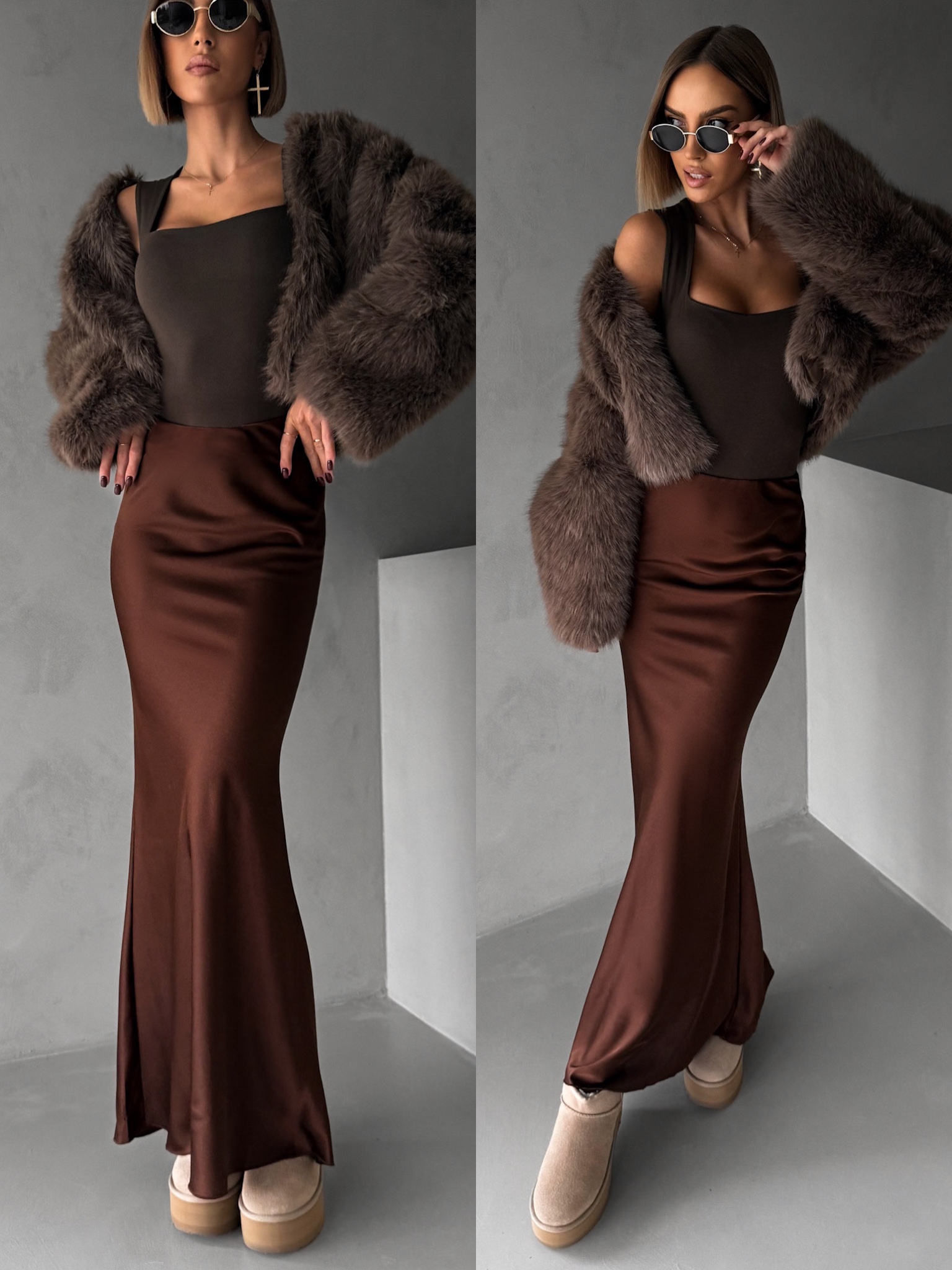 Tmavo hnedé dlhá saténová sukňa REGENORY Veľkosť: ONESIZE