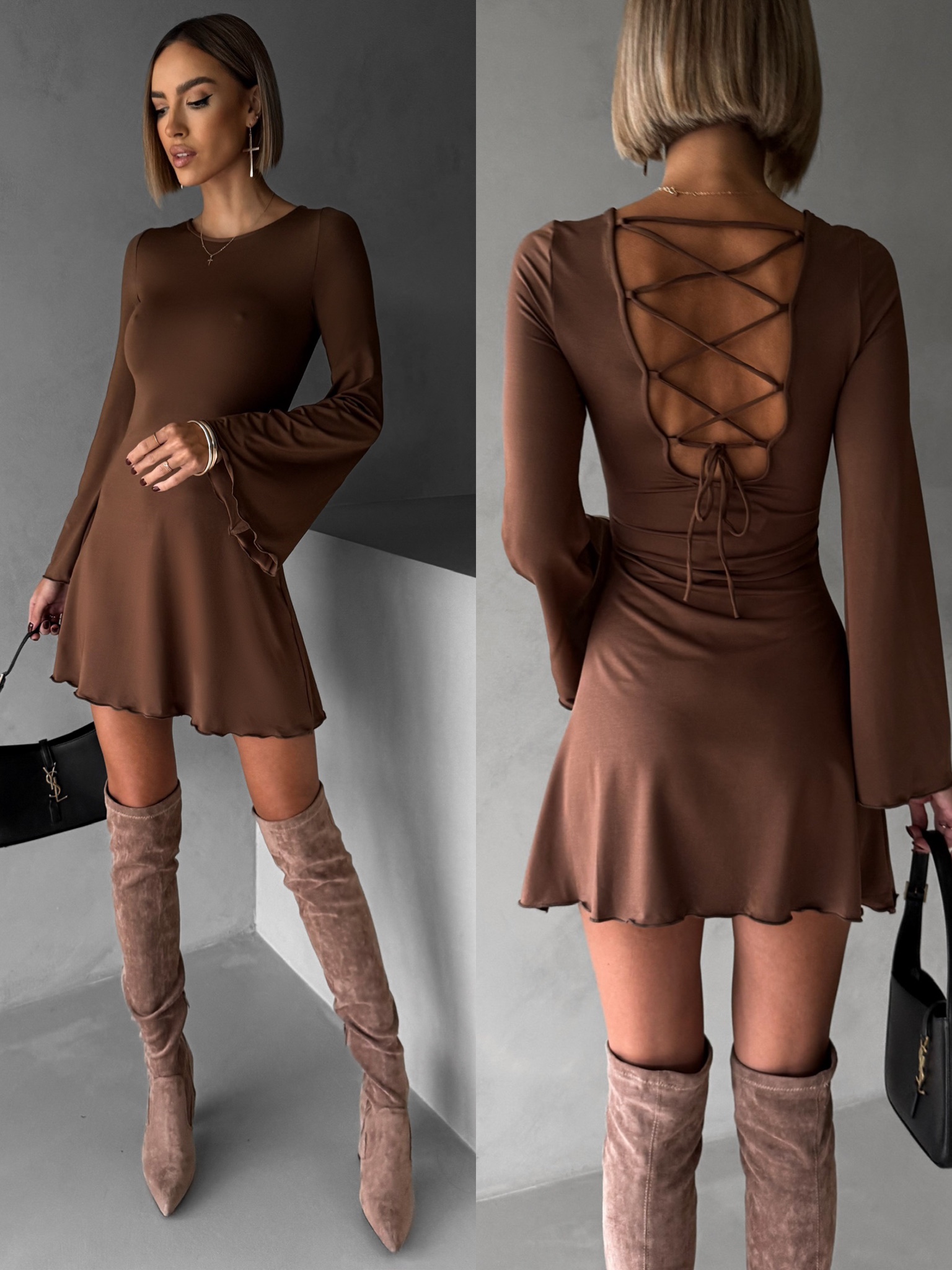 Hnedé krátke áčkové šaty AGNETA s dlhým rukávom Veľkosť: S/M