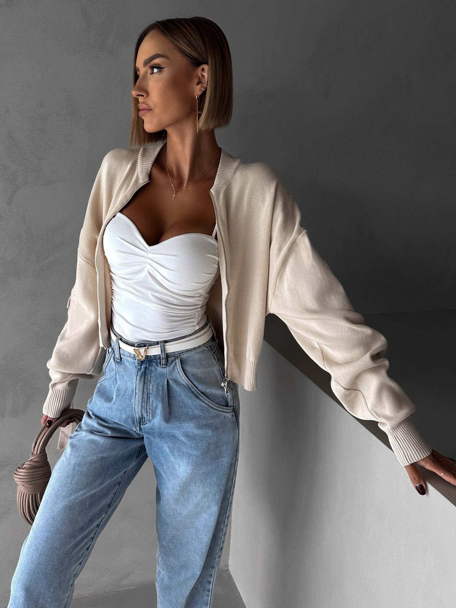 Krémová crop krátka mikina ELLEMAE na zips Veľkosť: ONESIZE