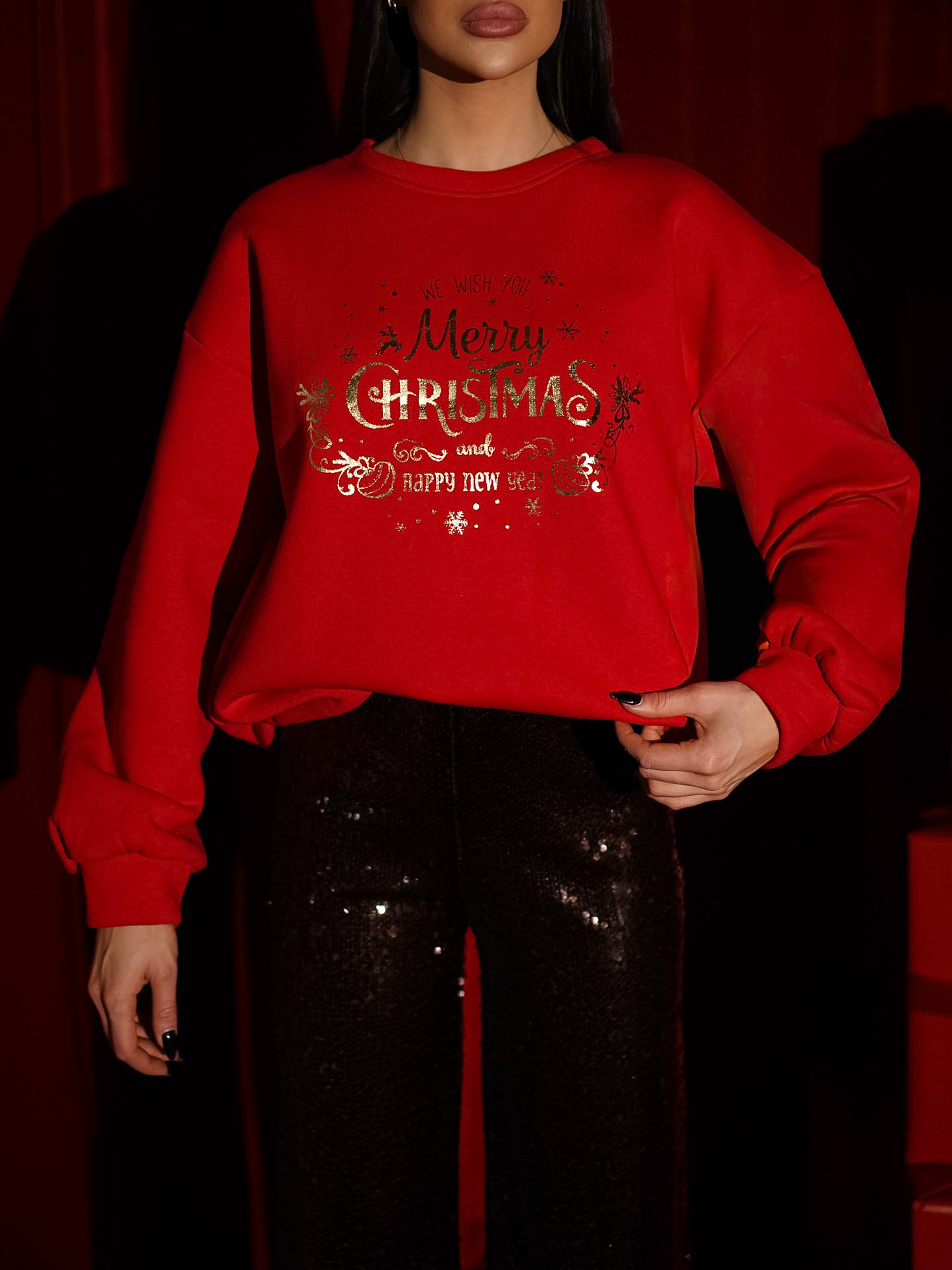 Červená vianočná mikina CAROL s nápisom Veľkosť: ONESIZE