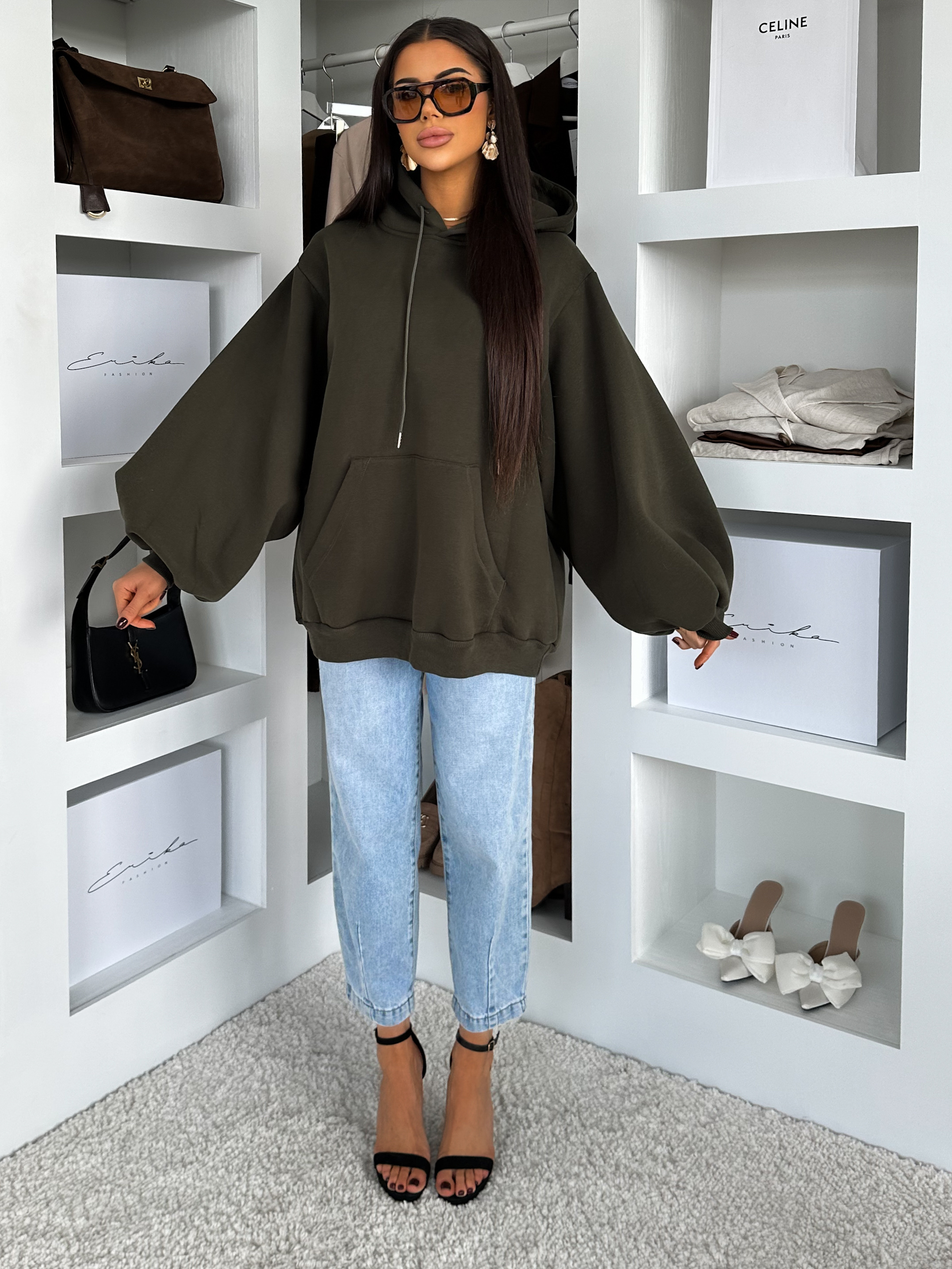 E-shop Kaki oversize mikina PYRRHA s kapucňou