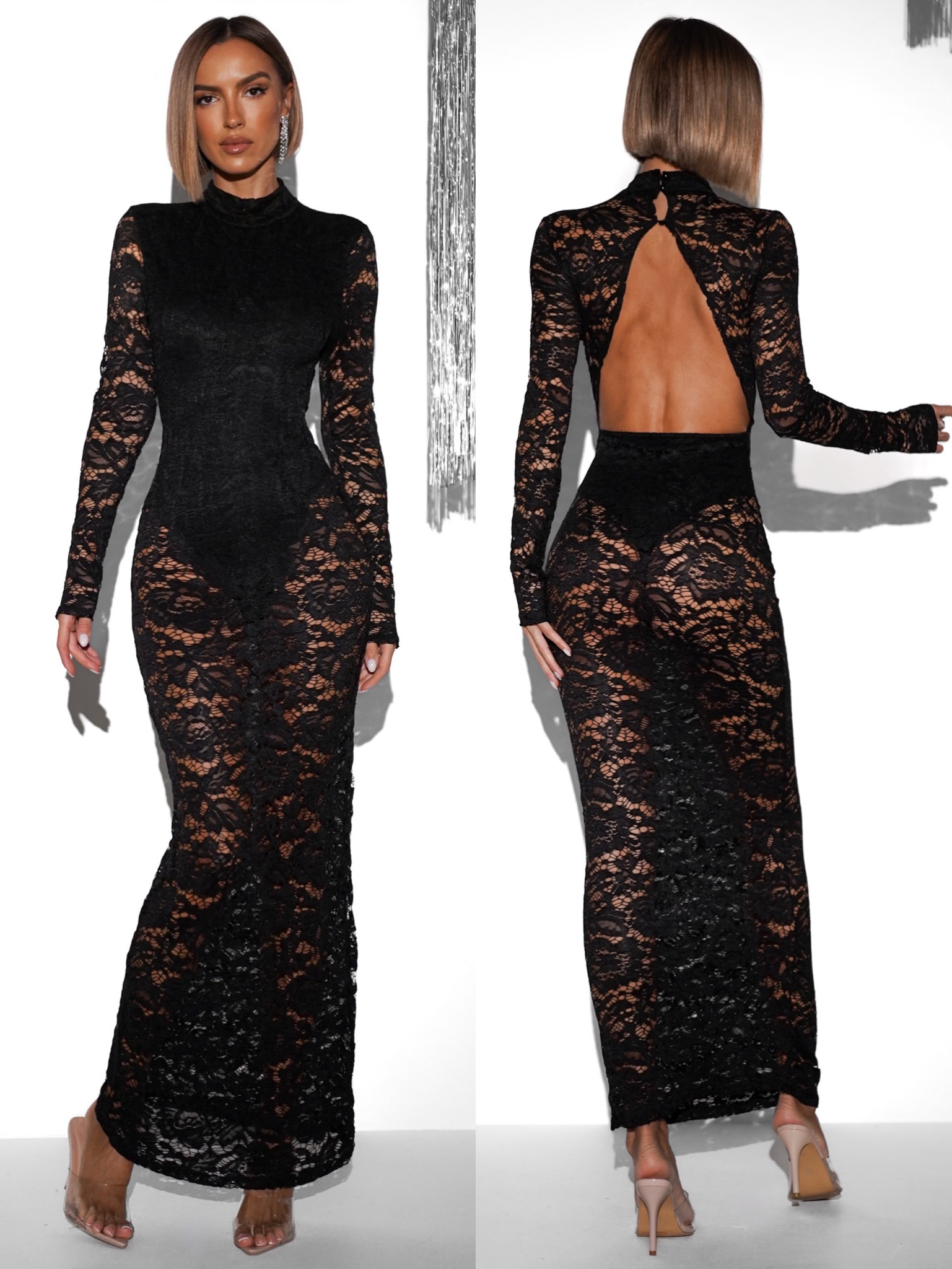 Čierne dlhé večerné čipkované šaty DUARTY s bodmi Veľkosť: ONESIZE