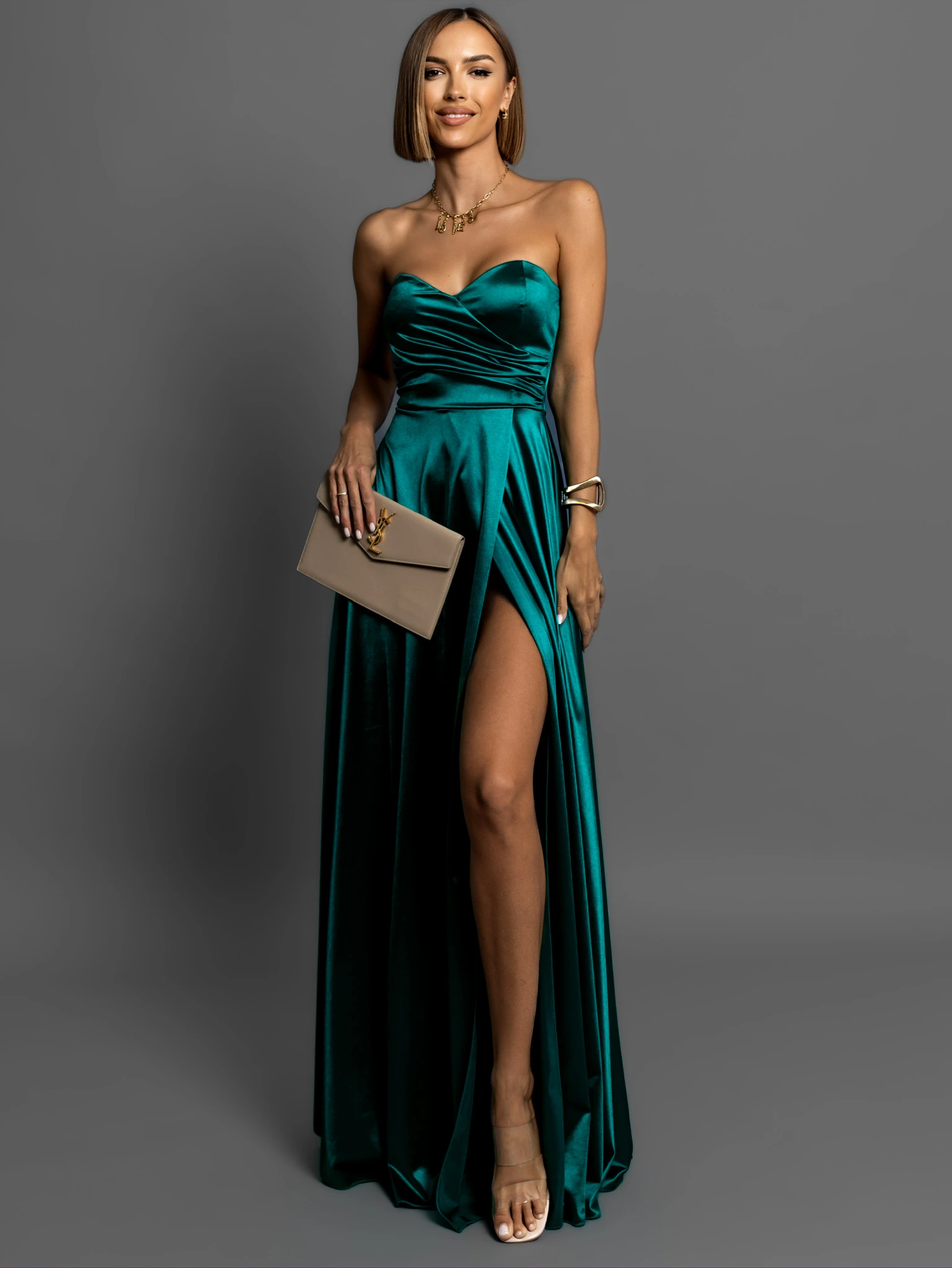 Smaragdové saténové spoločenské šaty SYCHAEUS bez ramienok Veľkosť: ONESIZE