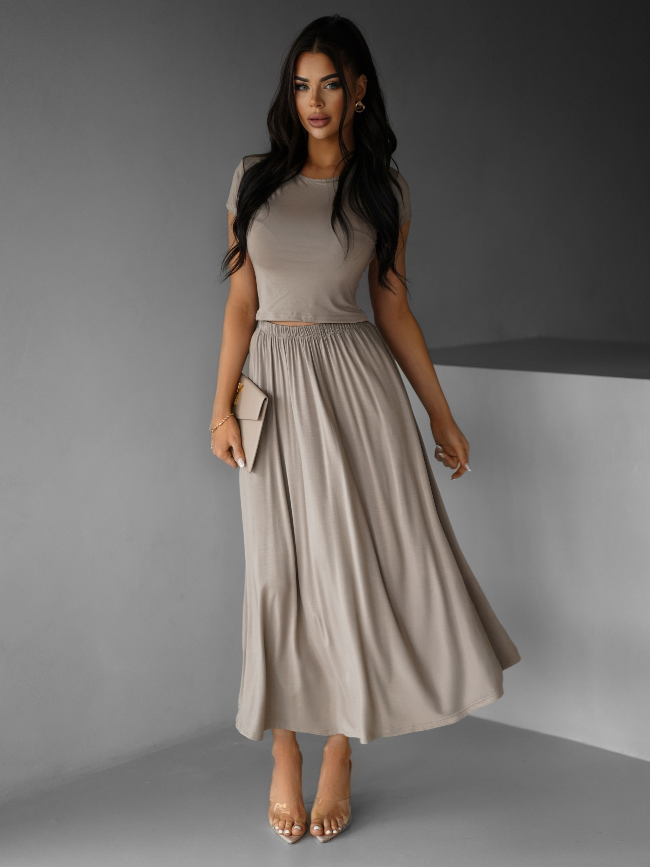 Béžový basic komplet SLAVOMY so sukňou Veľkosť: S/M