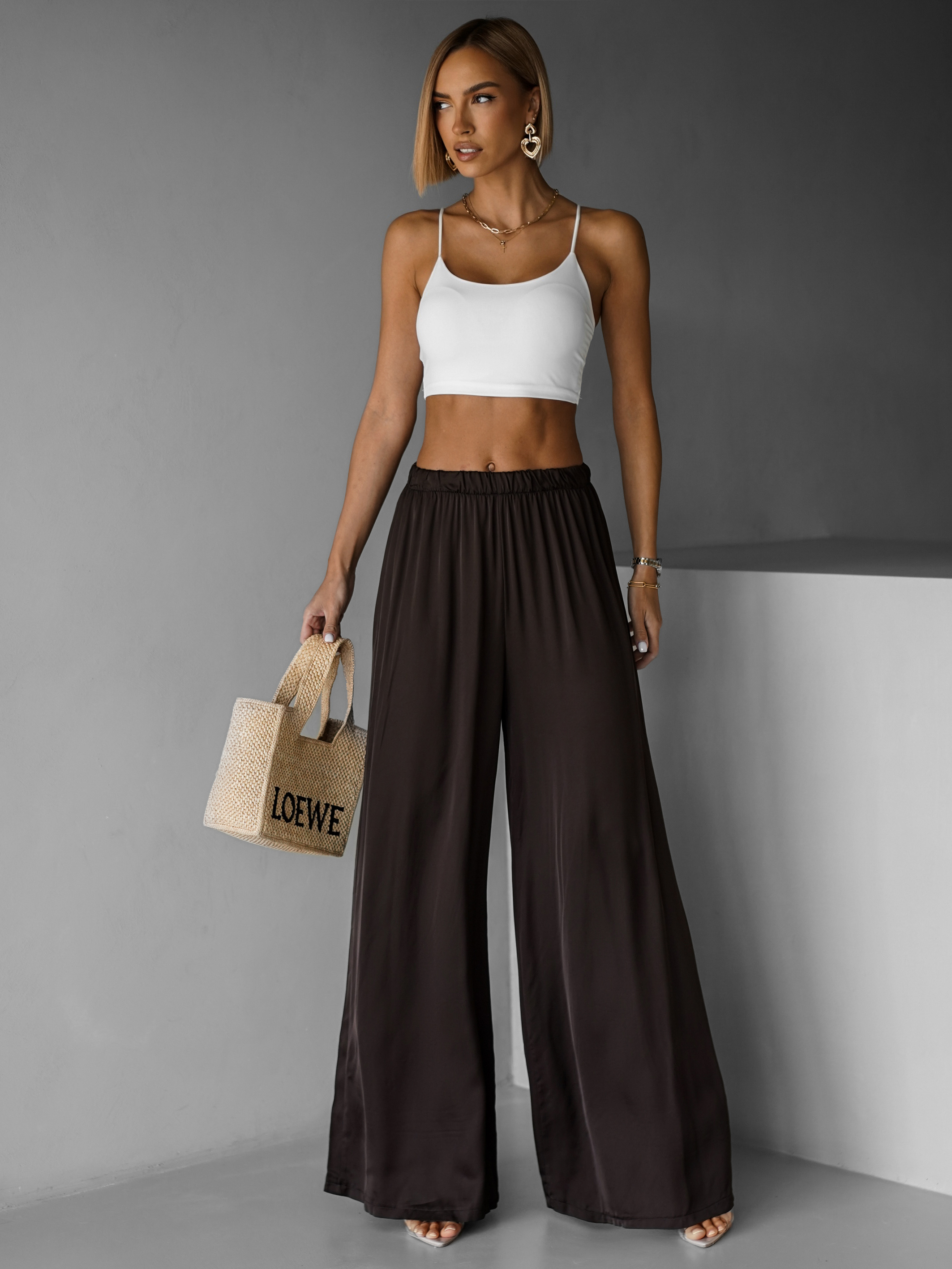 Tmavo hnedé saténové široké nohavice SITAKE Veľkosť: Štandardná dĺžka