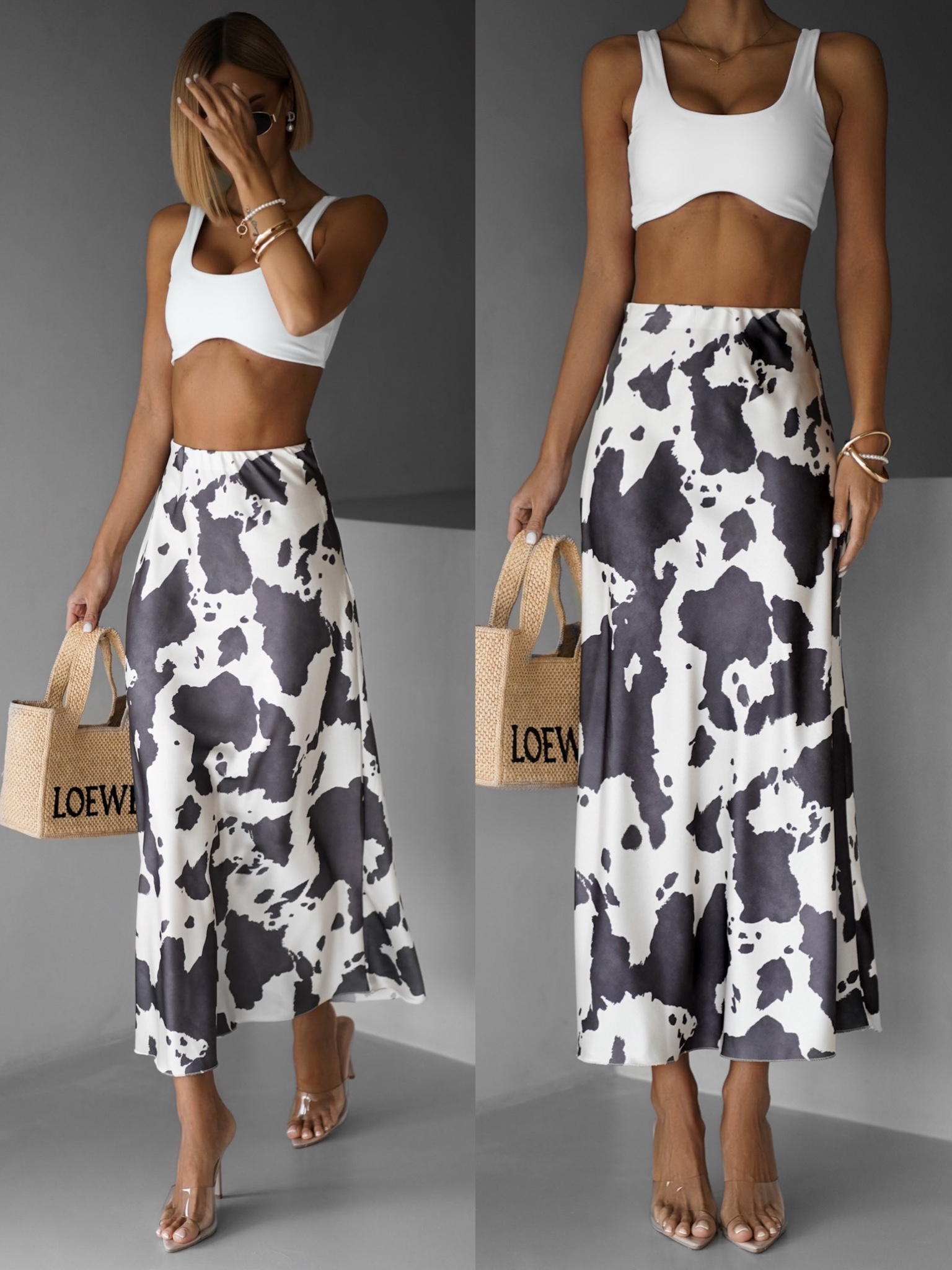 Šedá saténová sukňa KNARVIK s kravským vzorom Veľkosť: ONESIZE