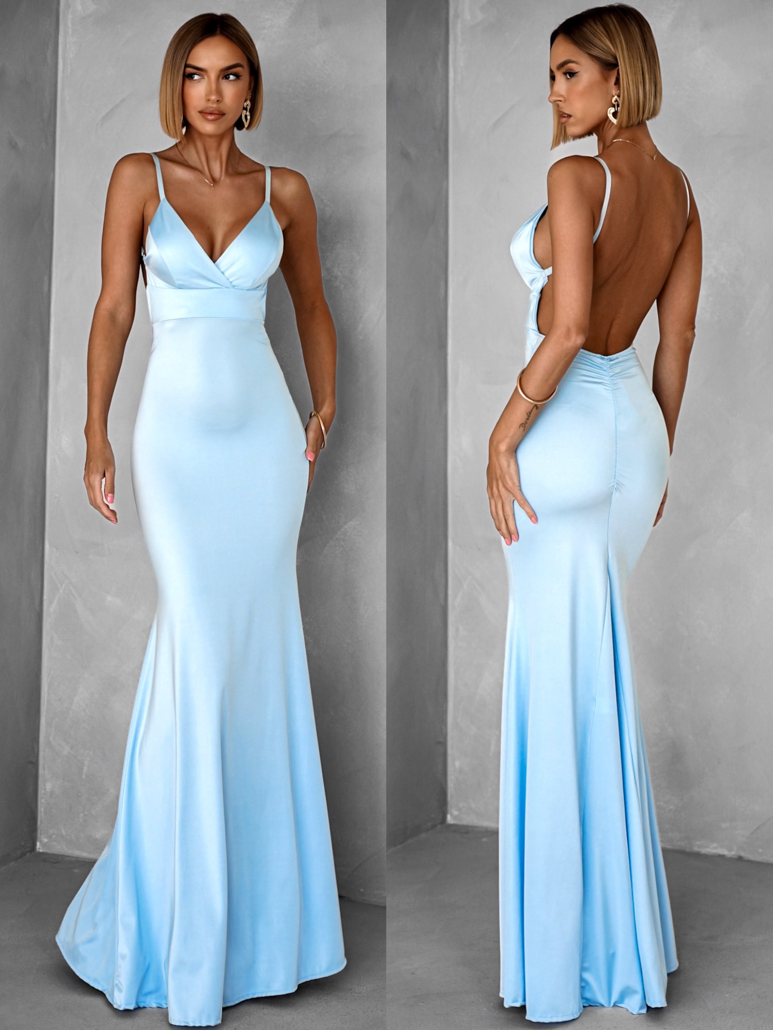 Svetlomodré dlhé saténové šaty MARSELLE s odhaleným chrbtom Veľkosť: ONESIZE