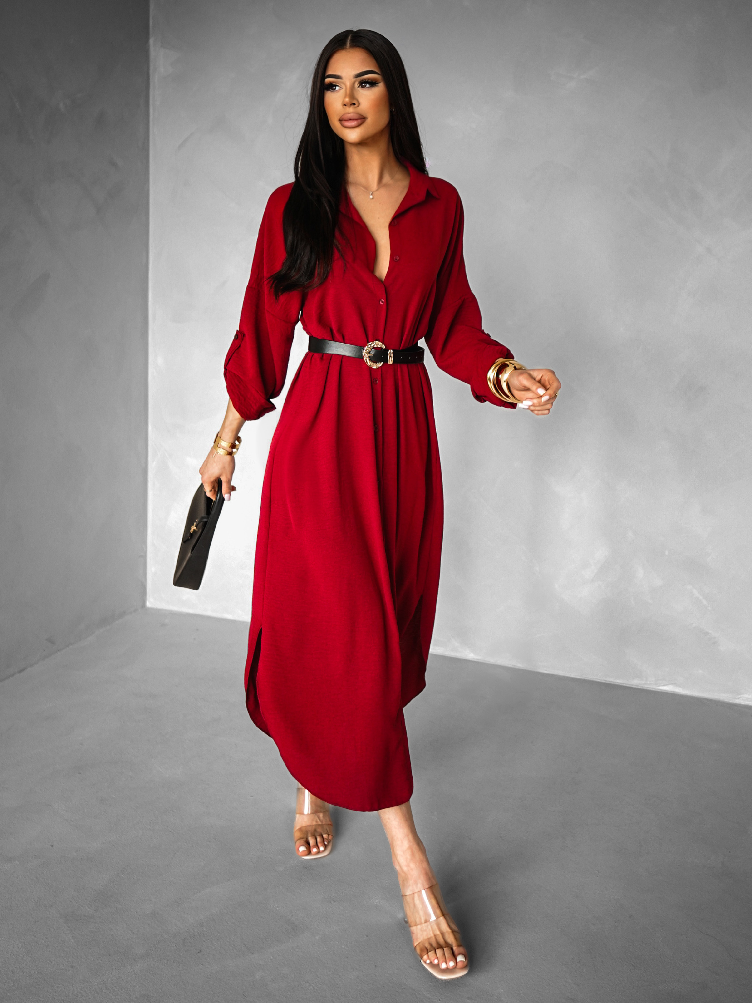 Bordové dlhé košeľové maxi šaty NESSY Veľkosť: ONESIZE Bordové dlhé košeľové maxi šaty NESSY Veľkosť: ONESIZE