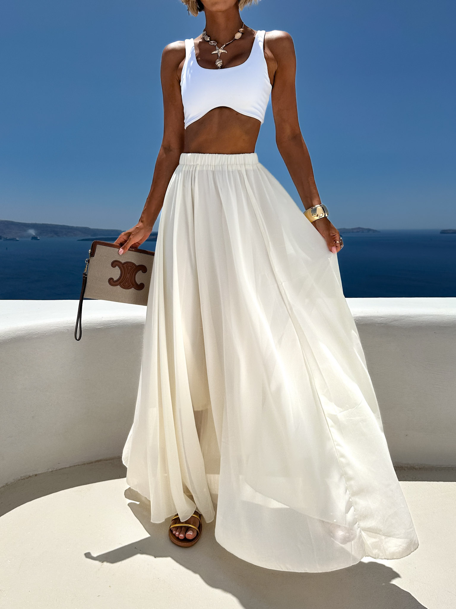 Krémová hodvábna maxi dlhá sukňa SAGELA Veľkosť: ONESIZE