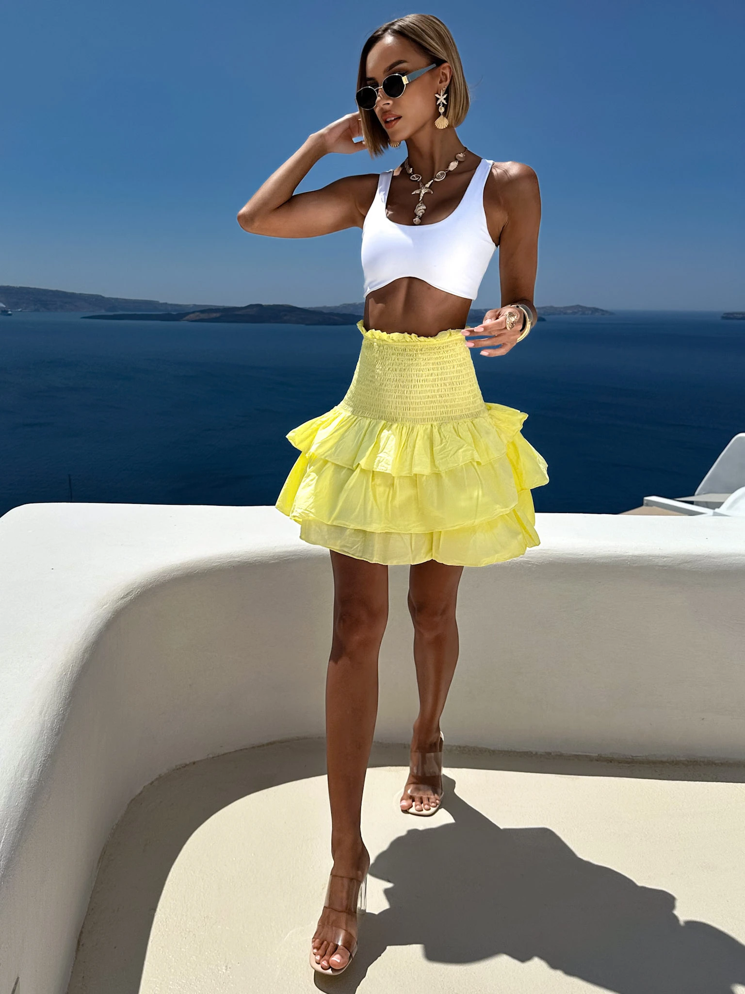 Žltá bavlnená letná midi sukňa FARINA s volánmi Veľkosť: ONESIZE