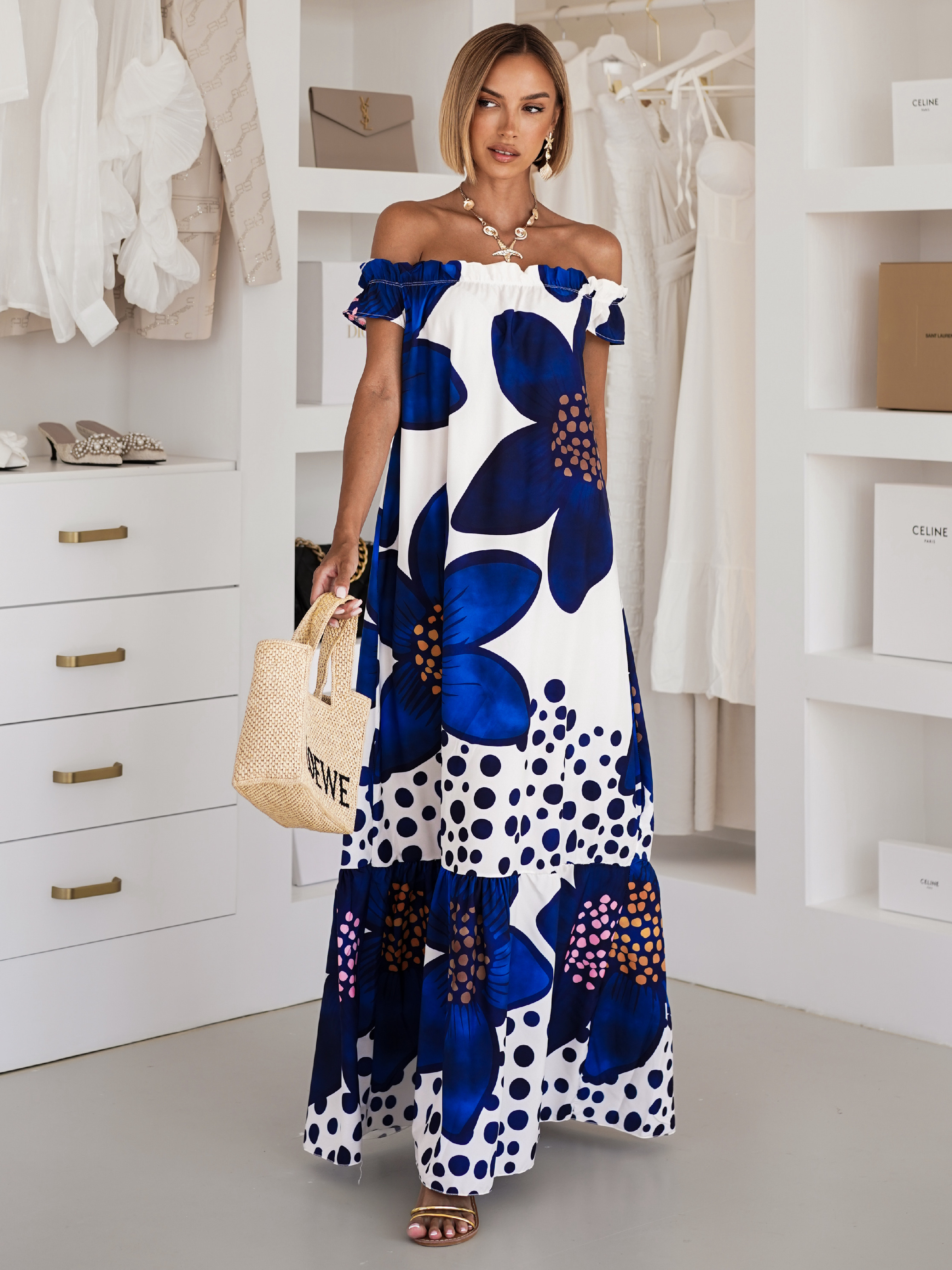 Modré dlhé maxi široké šaty ELISIENNE Veľkosť: ONESIZE