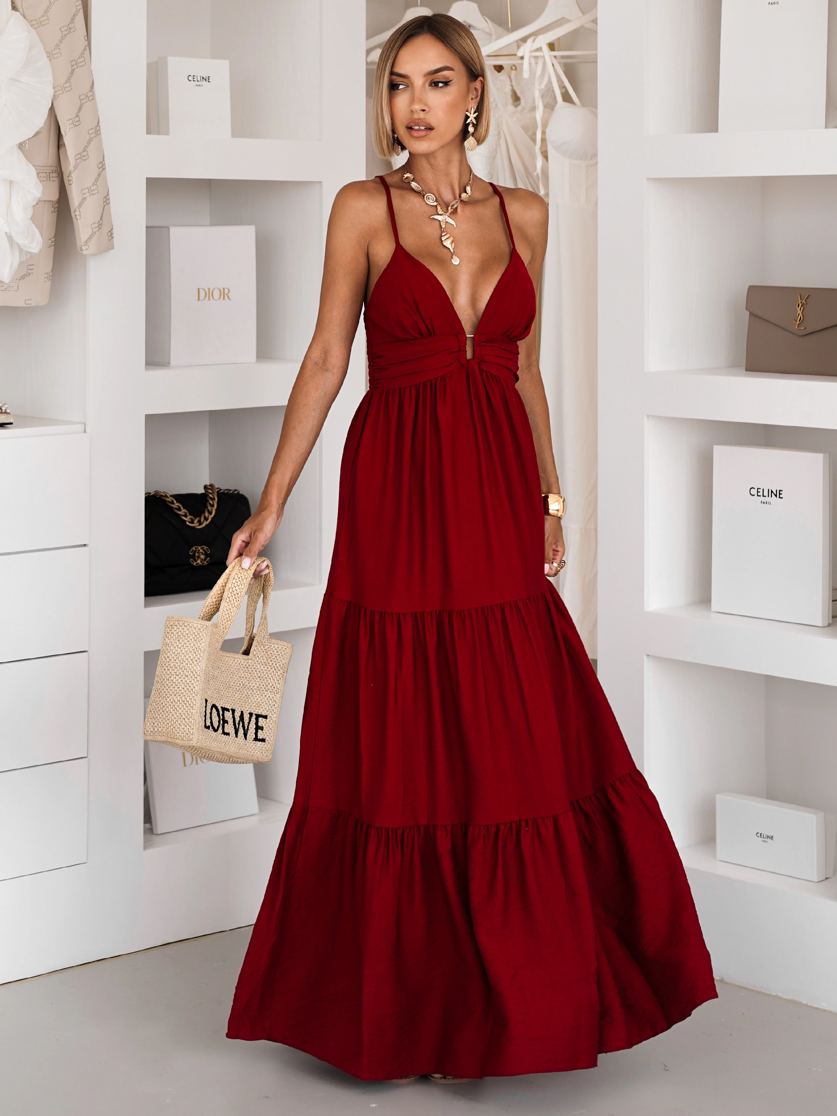 Bordové dlhé letné maxi šaty OPALINE Veľkosť: ONESIZE