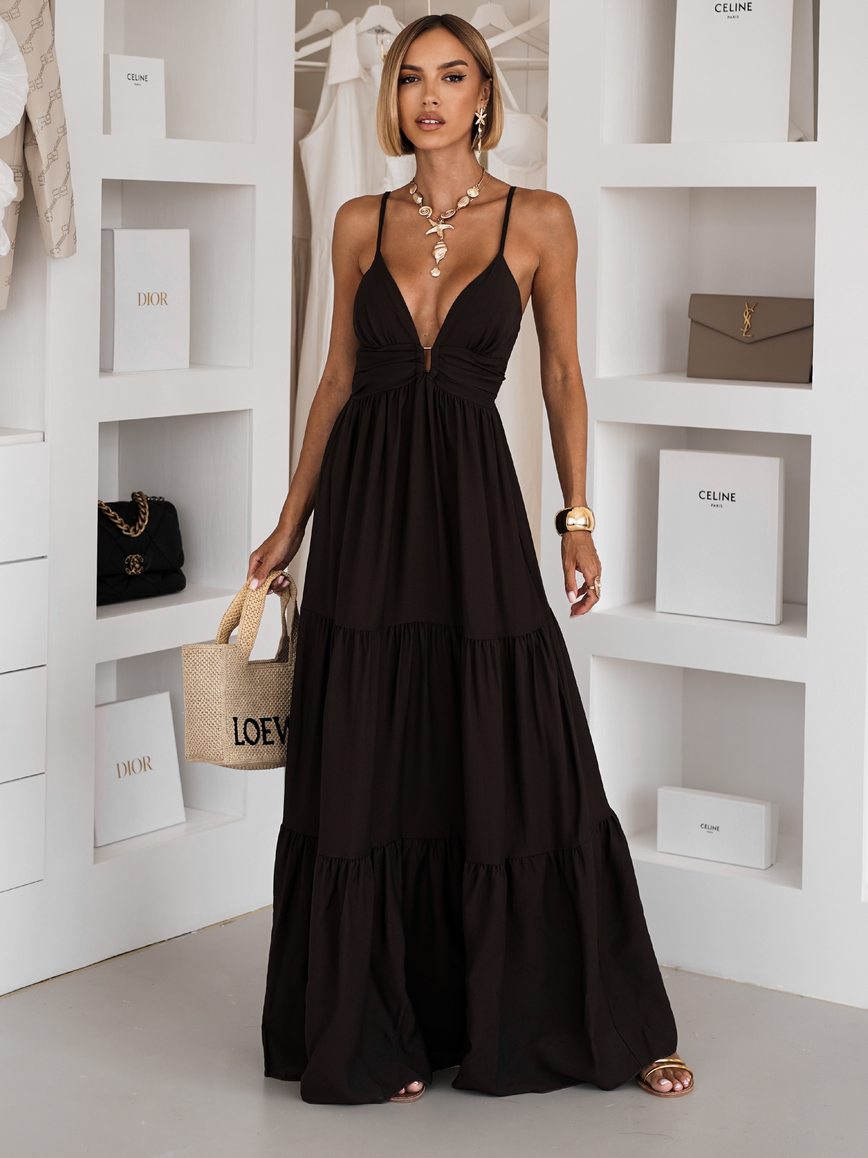 Tmavo hnedé letné dlhé maxi šaty OPALINE Veľkosť: ONESIZE