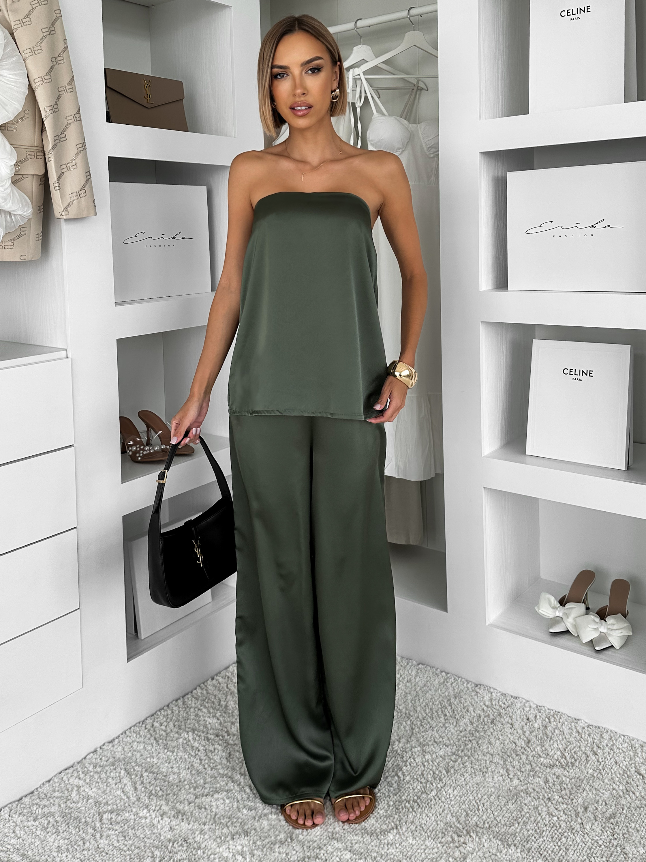 Smaragdový saténový nohavicový komplet CAMISA Veľkosť: ONESIZE