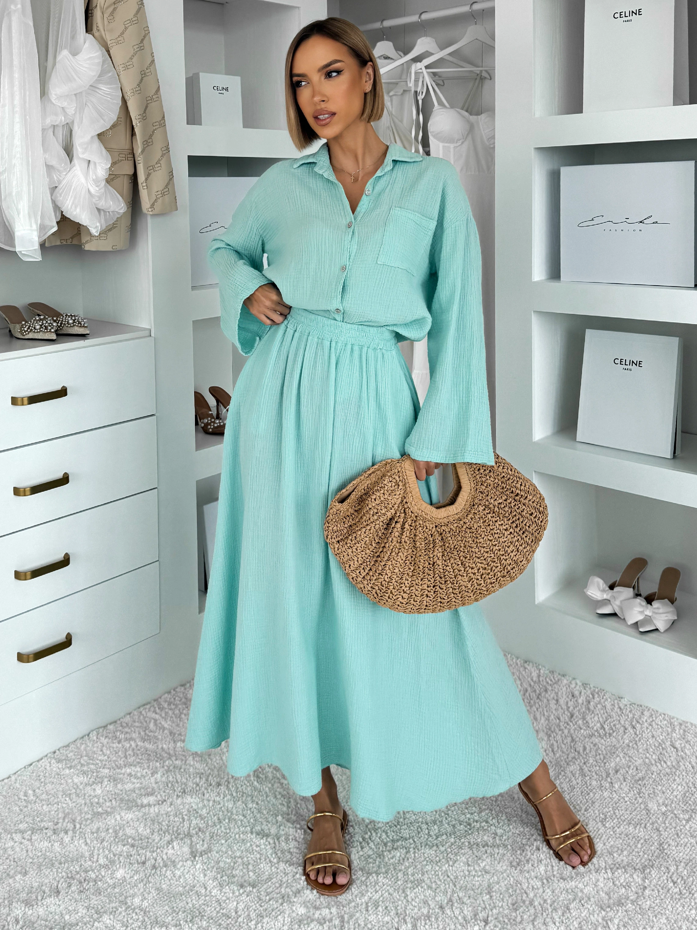 Svetlozelený mušelínový košeľový komplet BELIANE so sukňou Veľkosť: ONESIZE