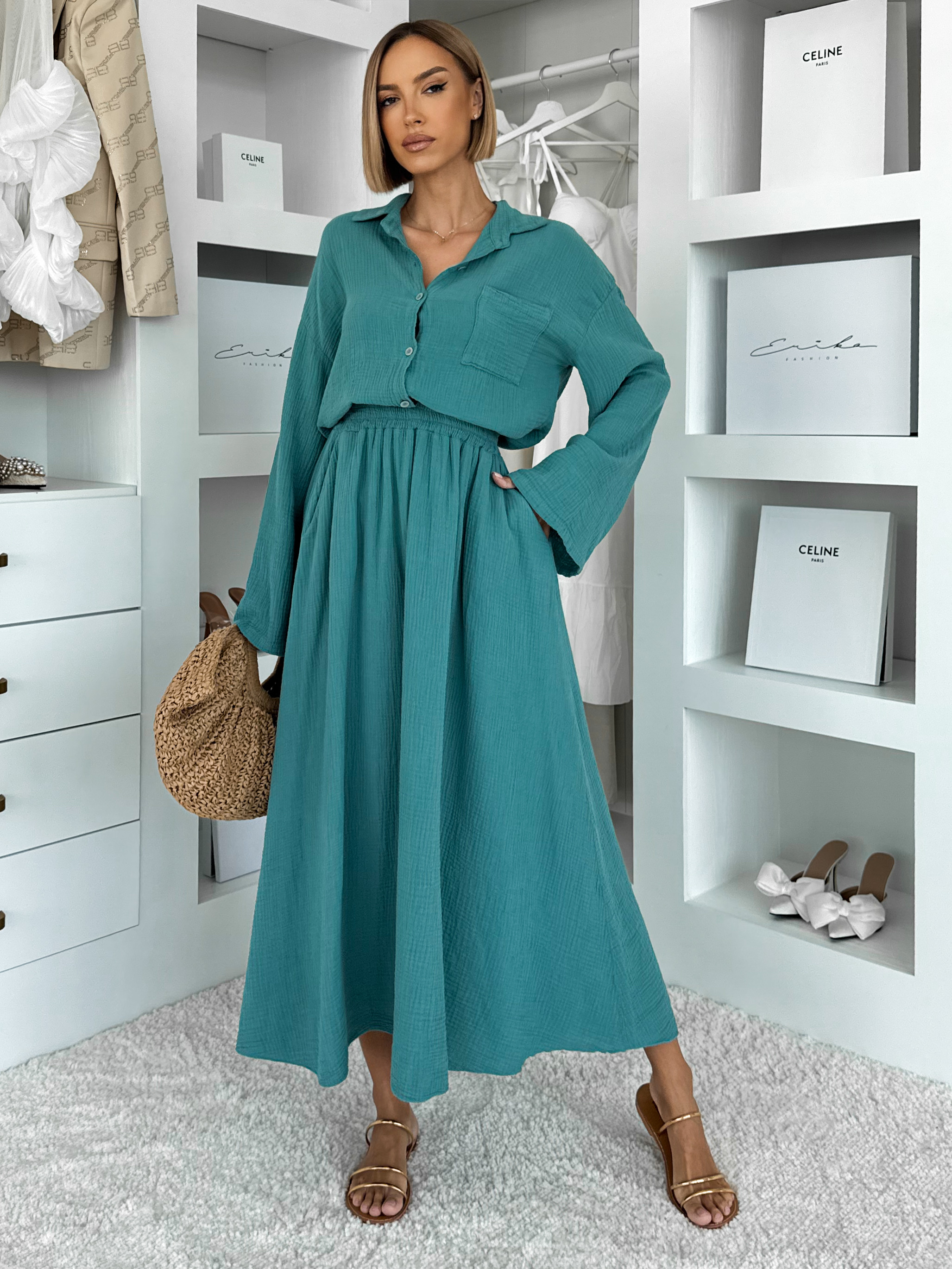 Tyrkysový mušelínový košeľový komplet BELIANE so sukňou Veľkosť: ONESIZE