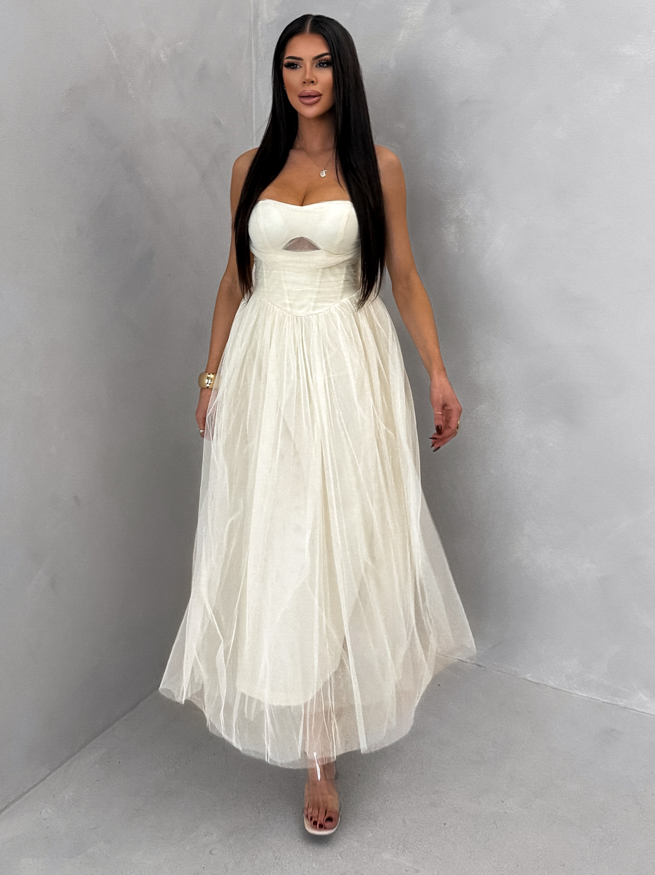 Krémové spoločenské tylové midi šaty SOLAVIE Veľkosť: M