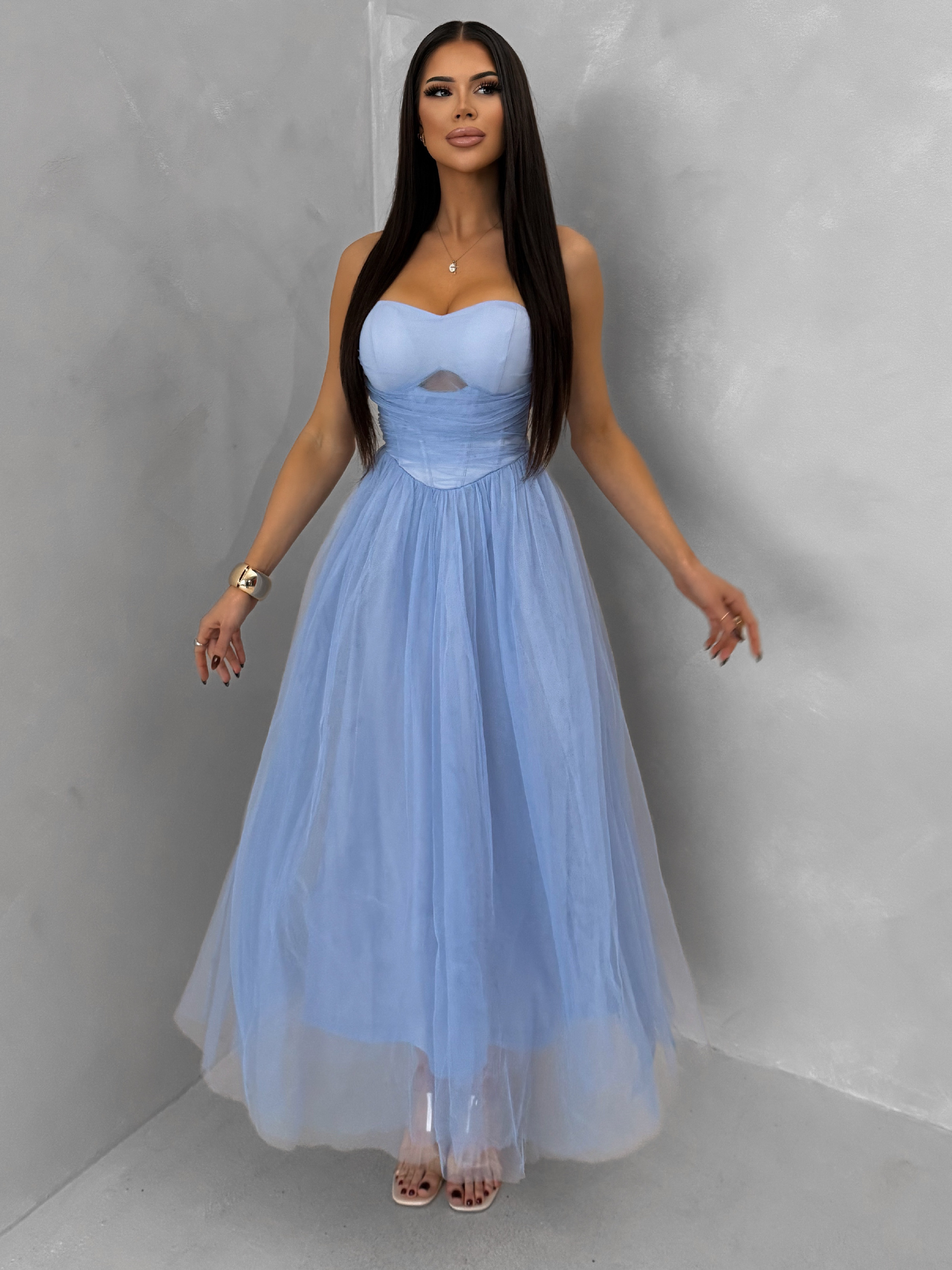 Modré spoločenské tylové midi šaty SOLAVIE Veľkosť: S