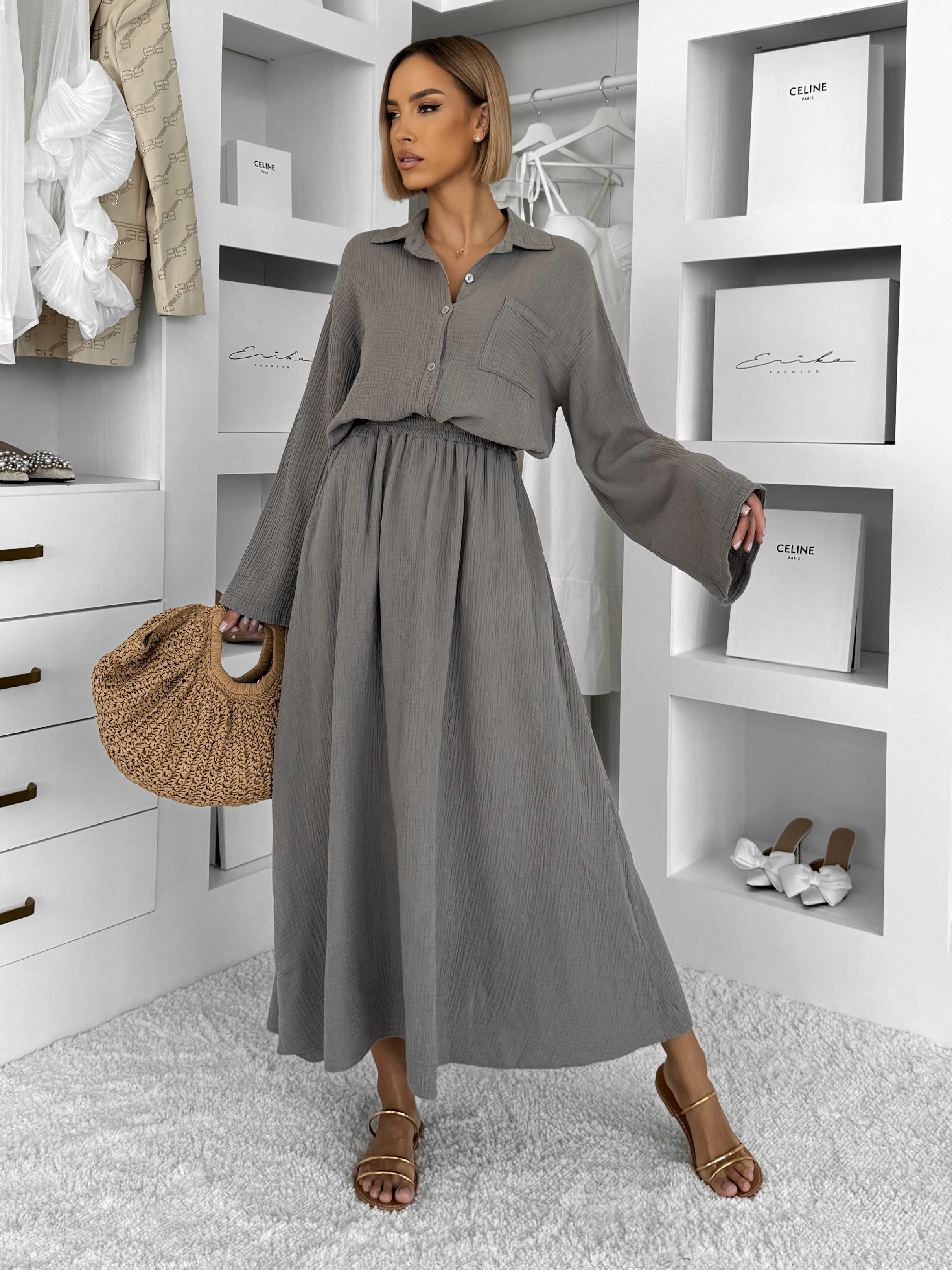 Šedohnedý mušelínový komplet BELIANE so sukňou Veľkosť: ONESIZE