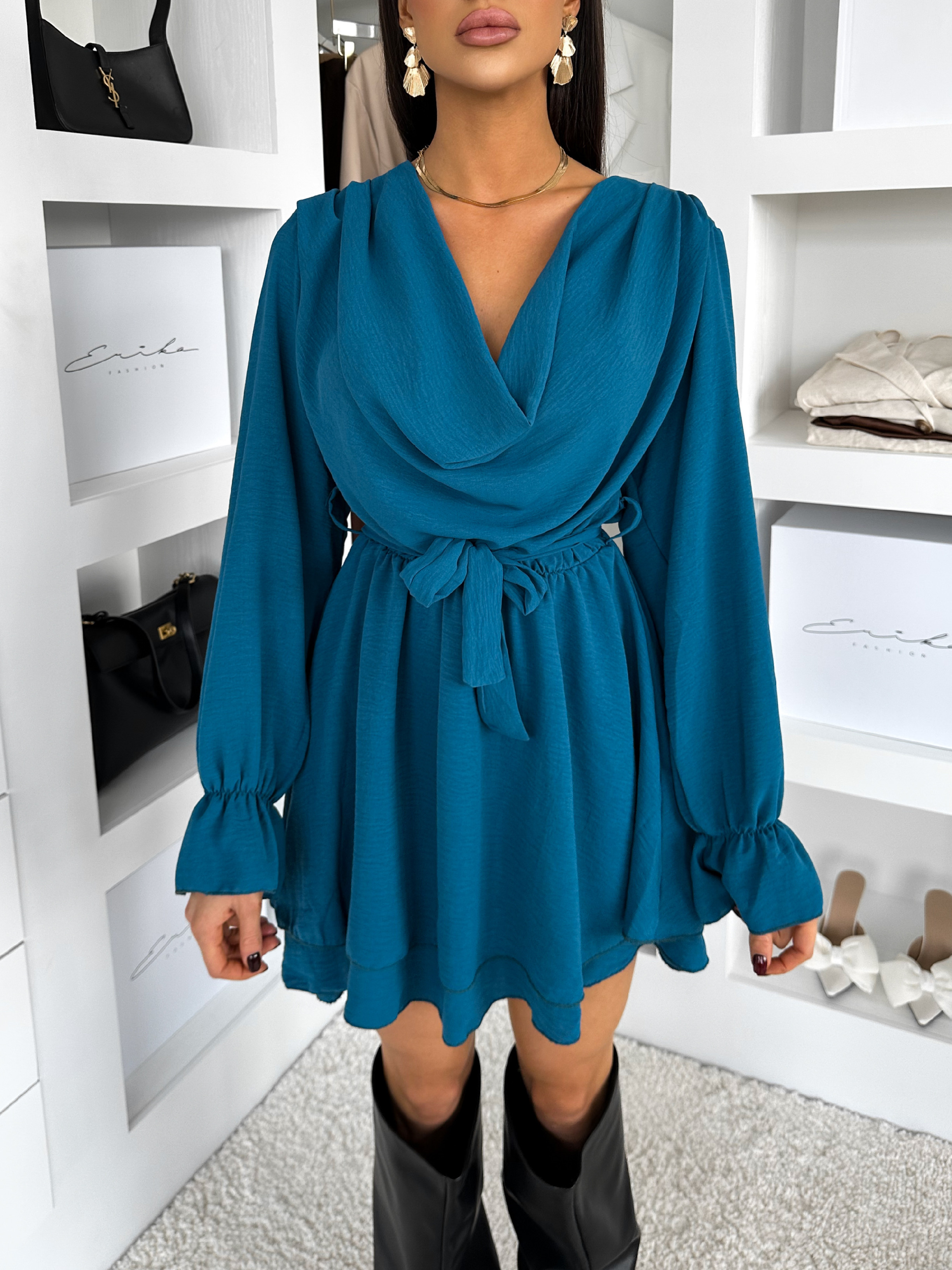 Petrolejové elegantné krátke šaty SEPIA Veľkosť: ONESIZE