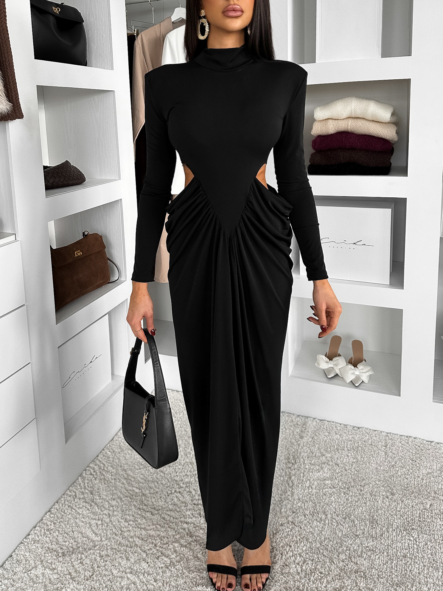 Čierne spoločenské dlhé šaty ESTAVION s prestrihmi Veľkosť: ONESIZE