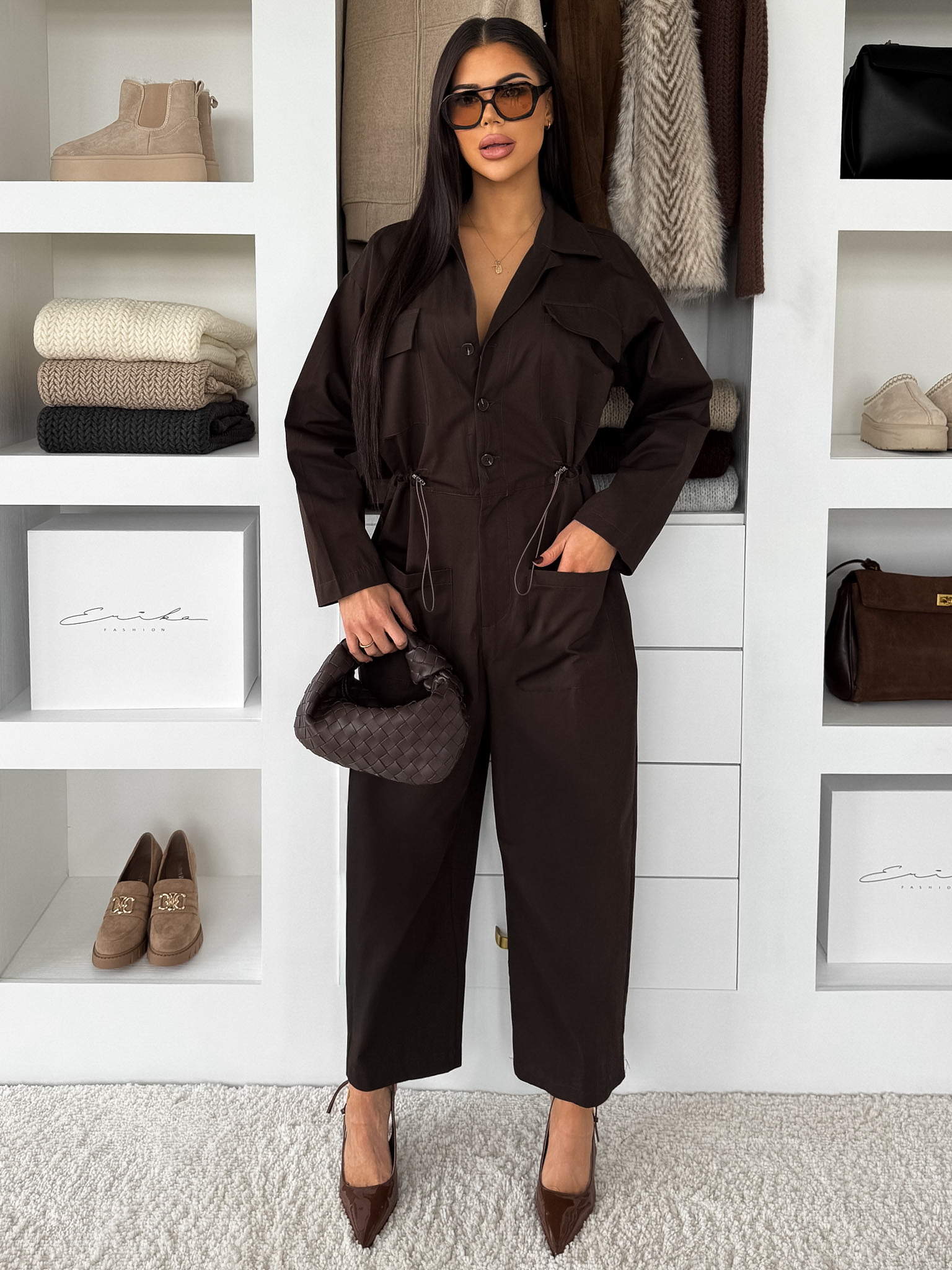 E-shop Hnedý dlhý bavlnený oversize overal JAVAILA