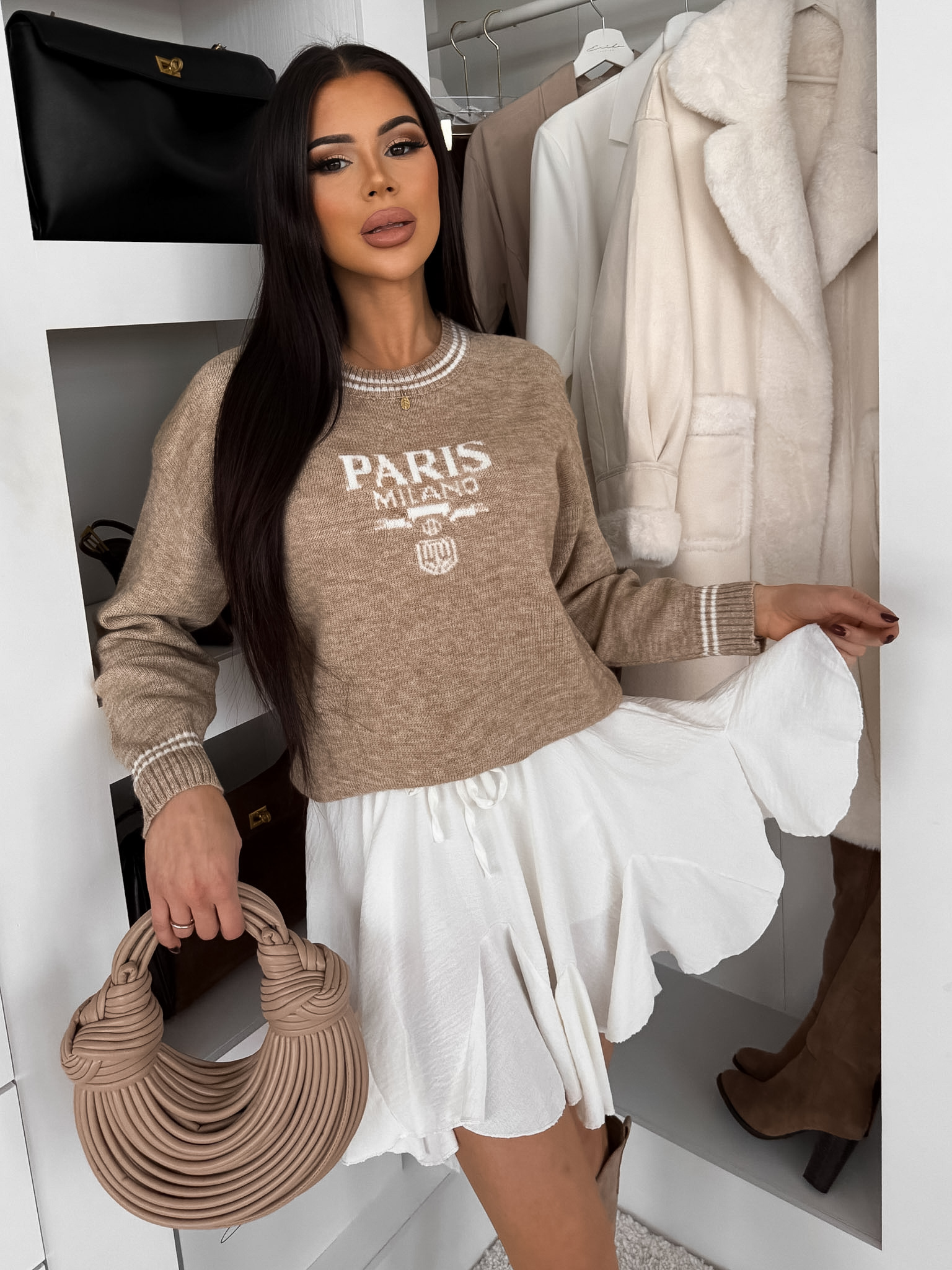 Hnedý štýlový sveter TARELIO s nápisom Veľkosť: ONESIZE