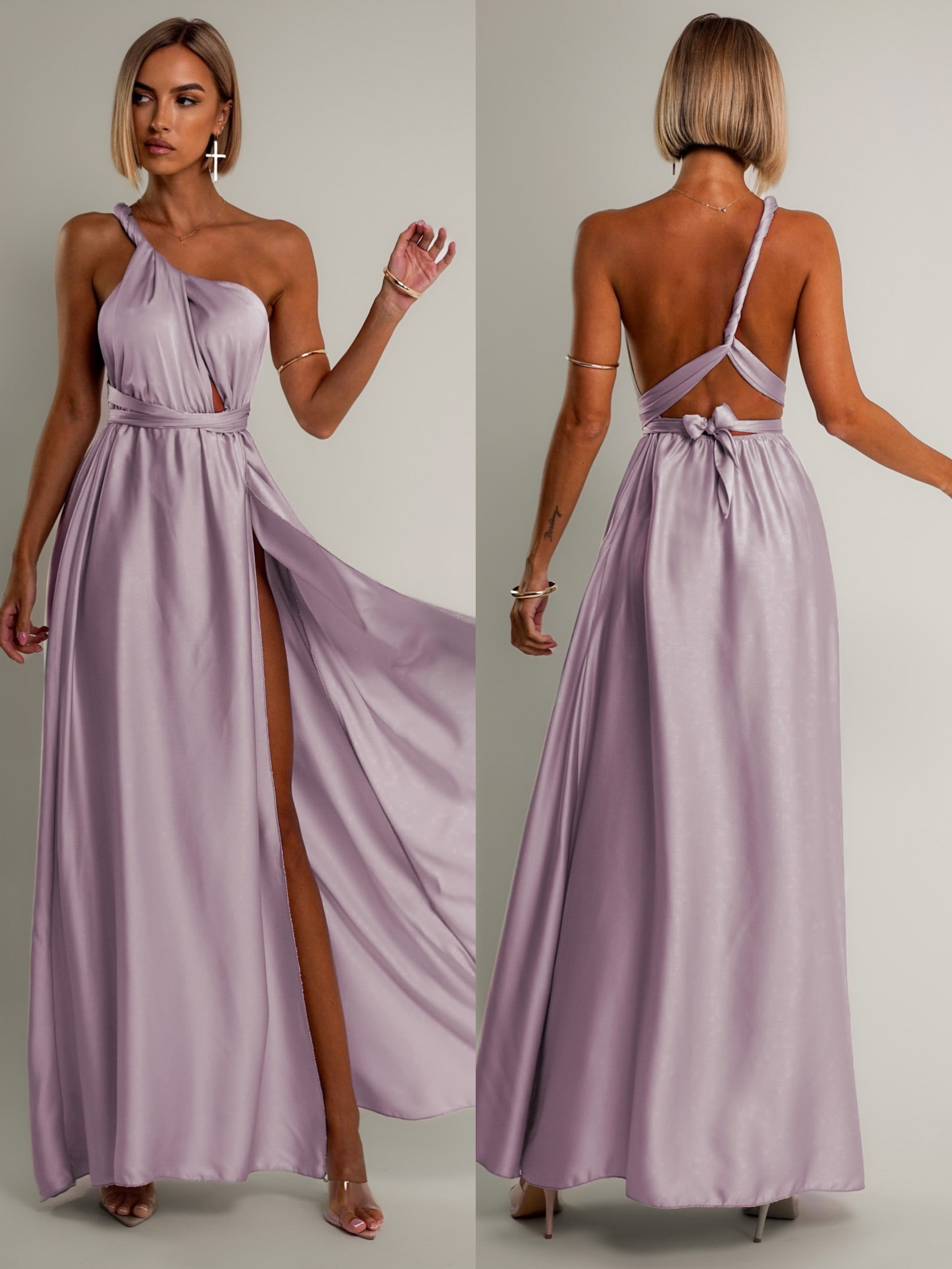 Levanduľové saténové šaty VALERDI s variabilným viazaním a rázporkom