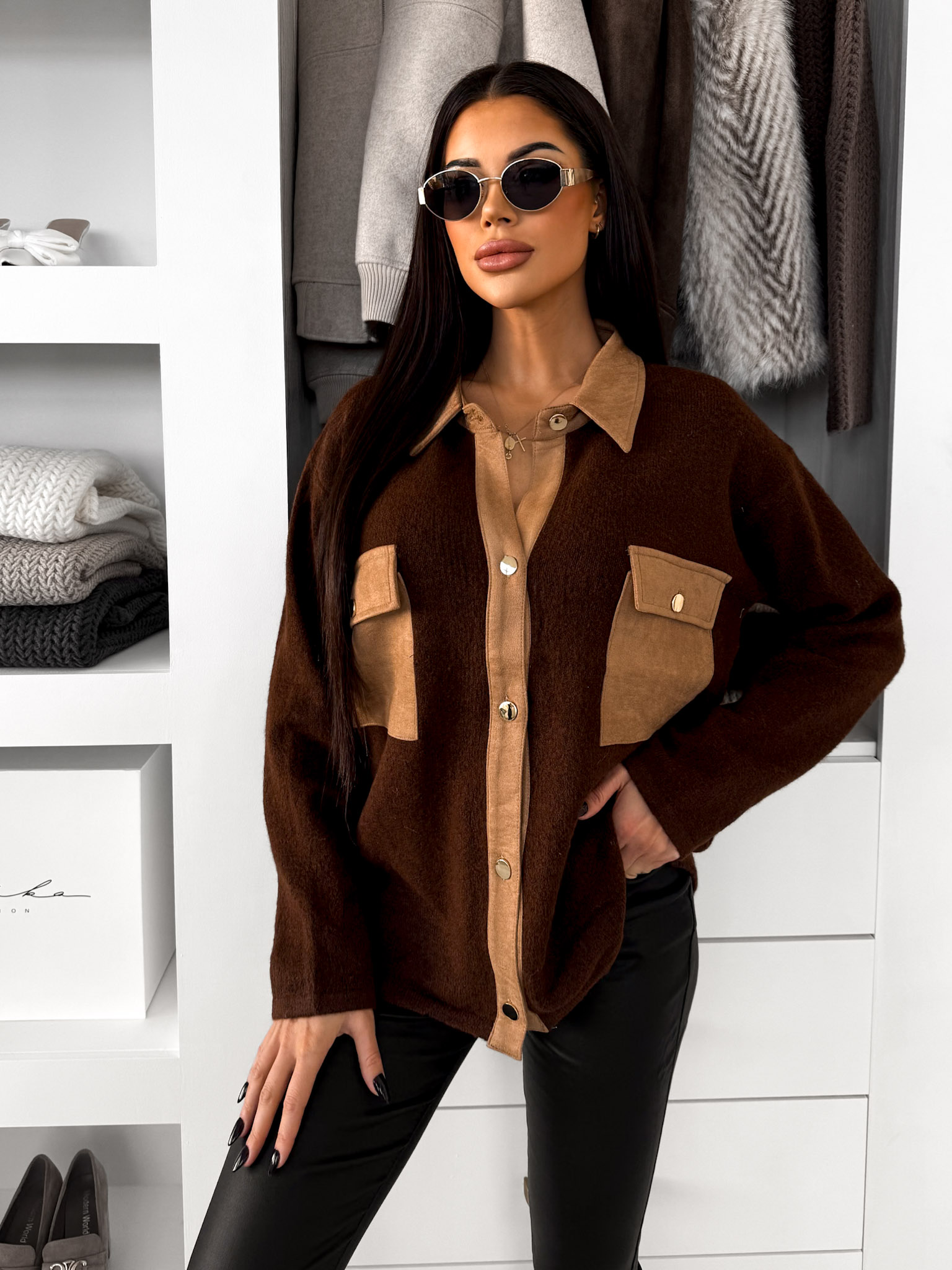 E-shop Hnedý oversize košeľový sveter ECLANT s gombíkmi