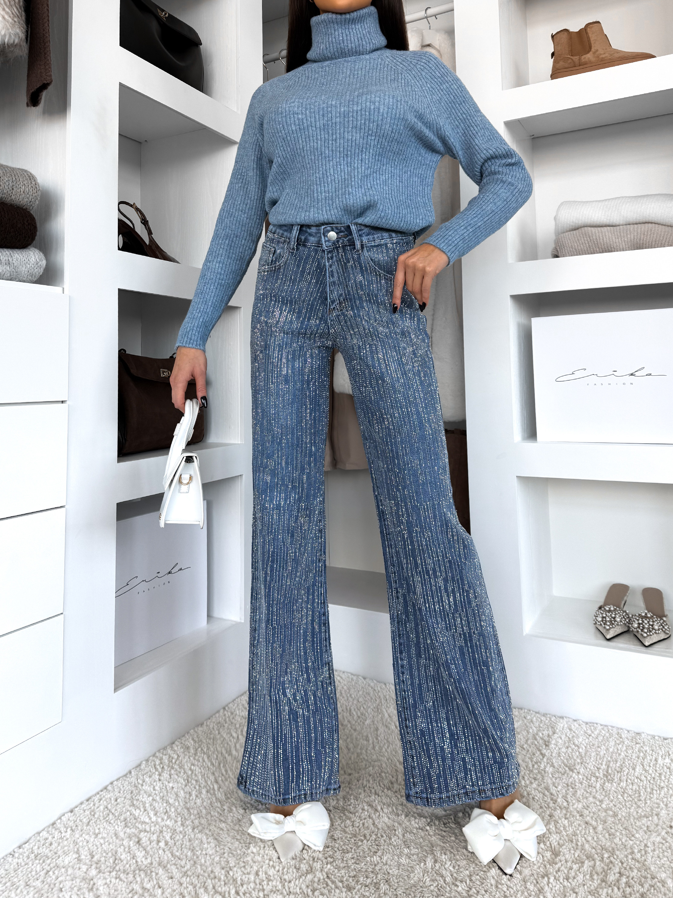 Modré trblietavé široké wide leg džínsy RYNOY Veľkosť: M