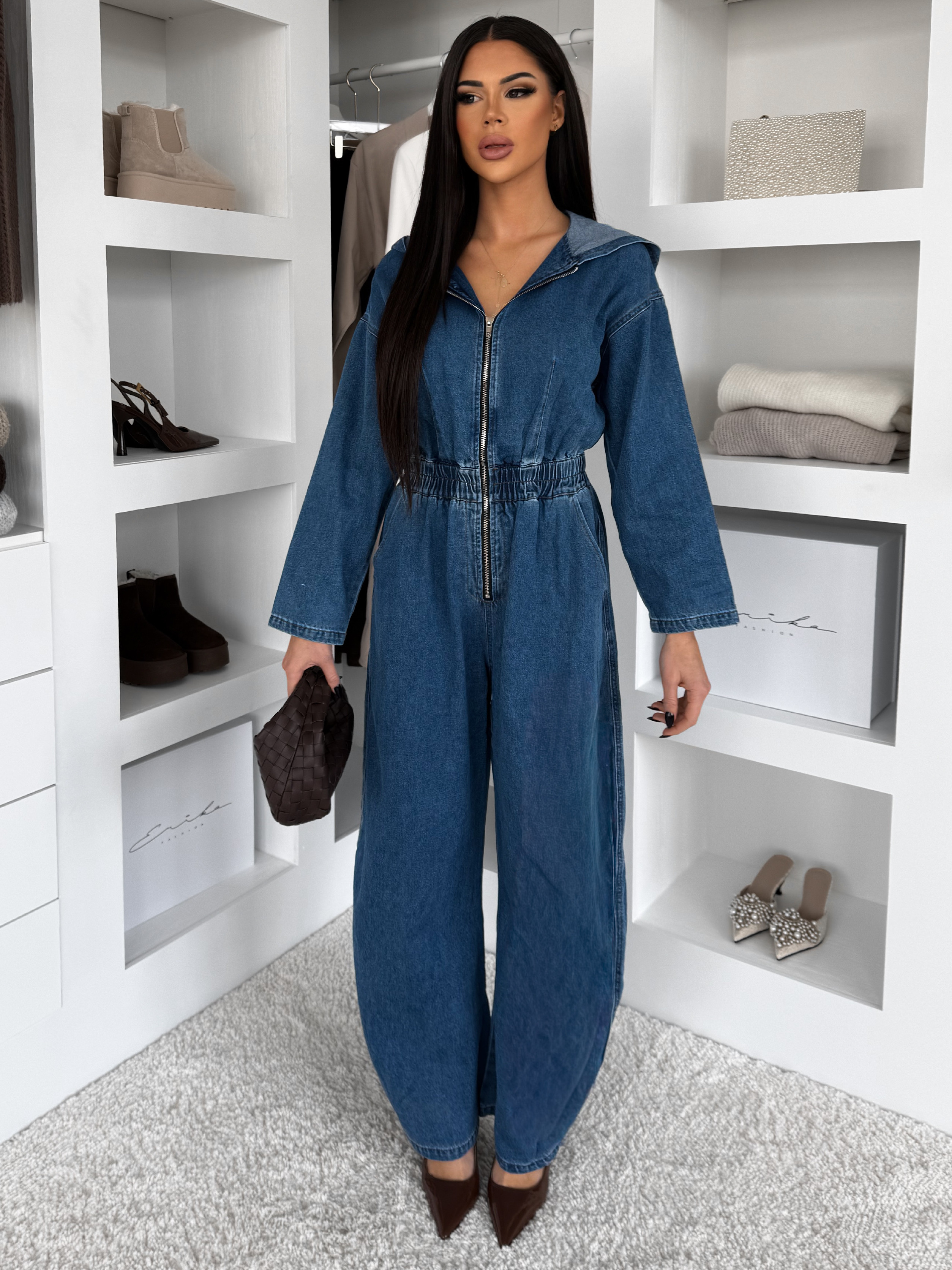 Modrý džínsový dlhý overal ARGENT s dlhým rukávom Veľkosť: M/L